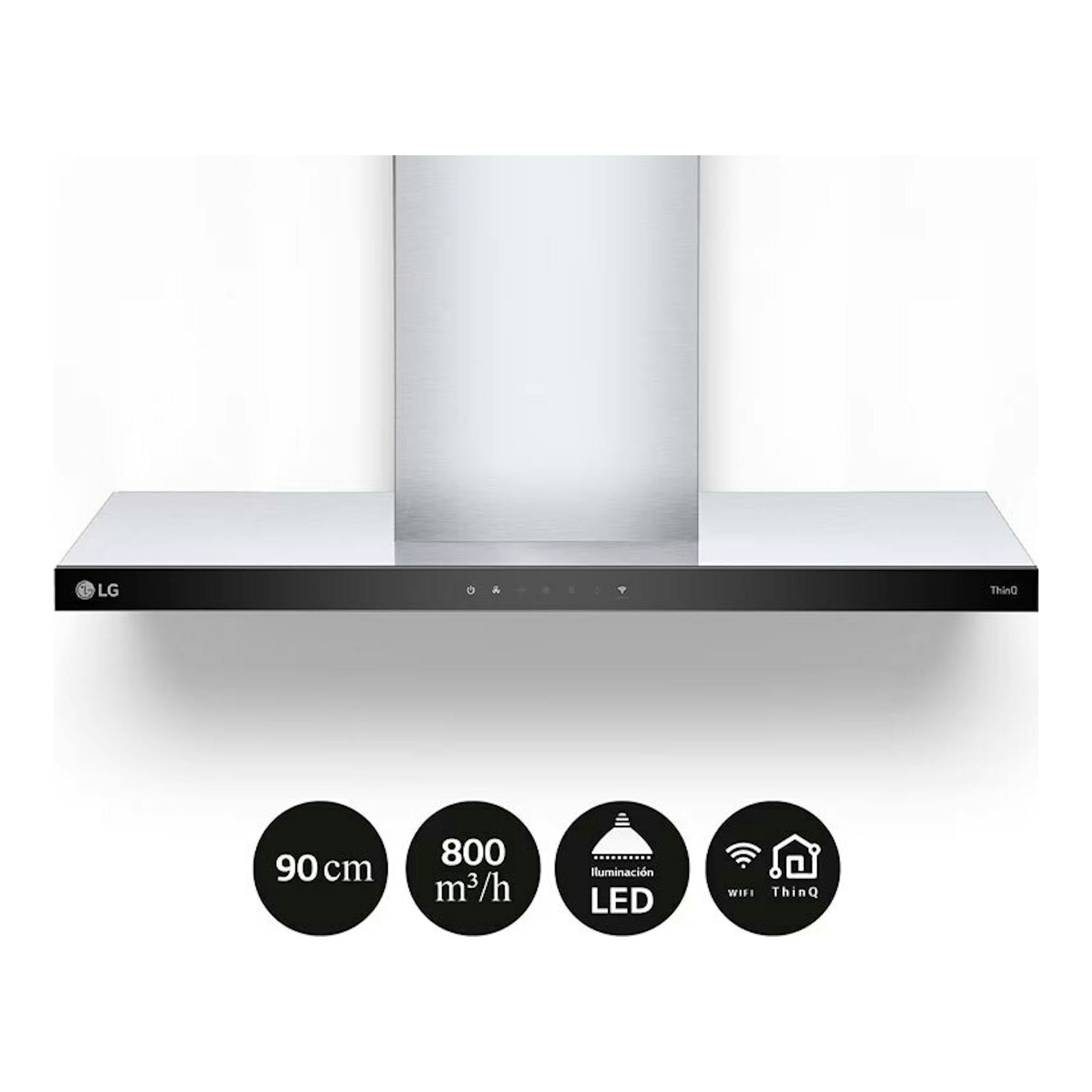 Campana decorativa LG HCEZ3626S inox, vista frontal, con chimenea central y panel negro.