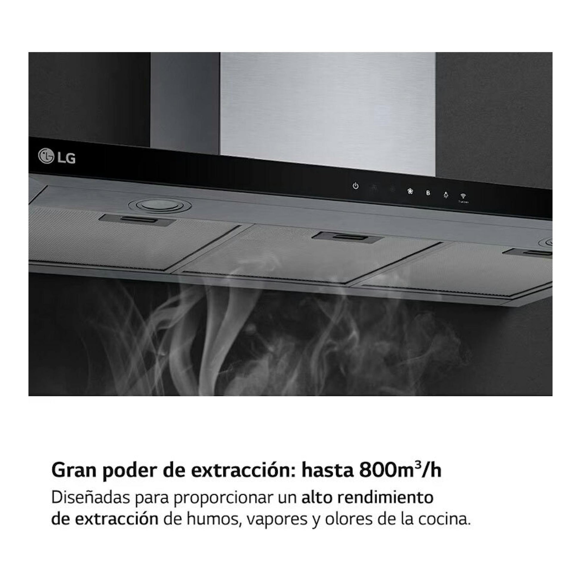 Campana decorativa LG HCEZ3626S inox, vista frontal, con panel negro, filtros metálicos y humo debajo.