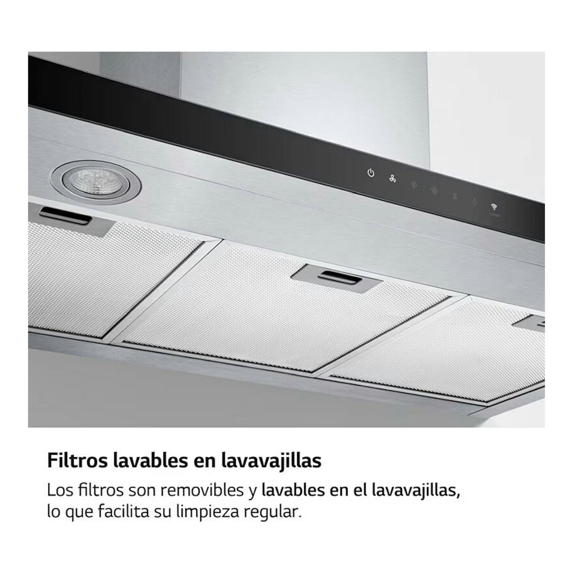 Campana decorativa LG HCEZ3626S inox, vista inferior en ángulo, con filtros metálicos y panel táctil.