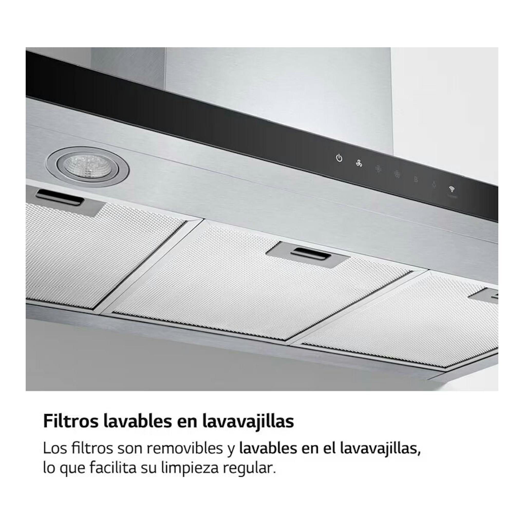 Campana decorativa LG HCEZ3626S inox, vista inferior en ángulo, con filtros metálicos y panel táctil.