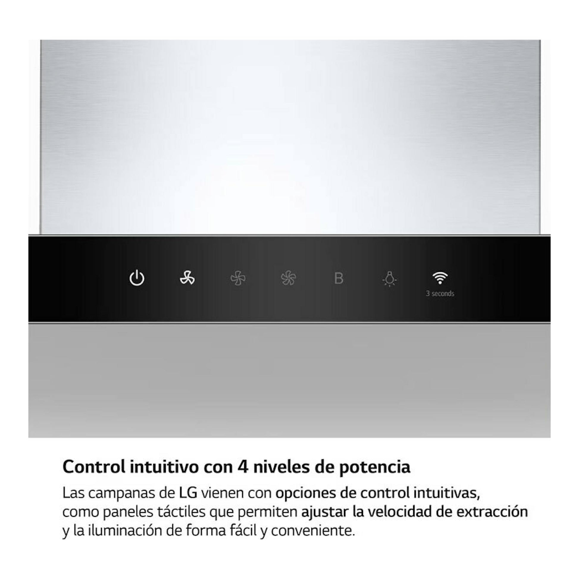 Campana extractora LG HCEZ3626S inox, vista frontal parcial con panel táctil negro y botones iluminados.