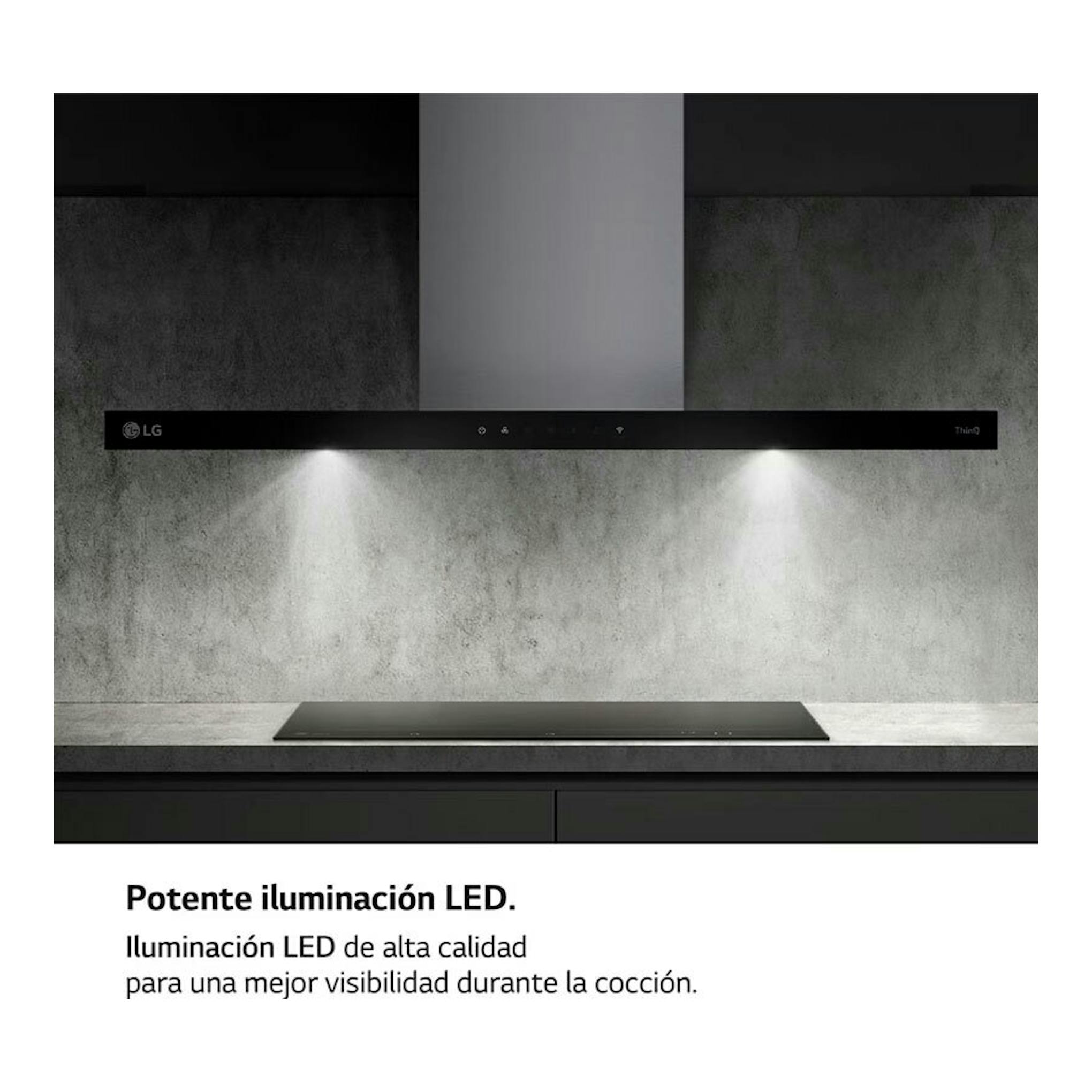 Campana decorativa LG HCEZ3626S inox, vista frontal en cocina, con iluminación LED encendida.