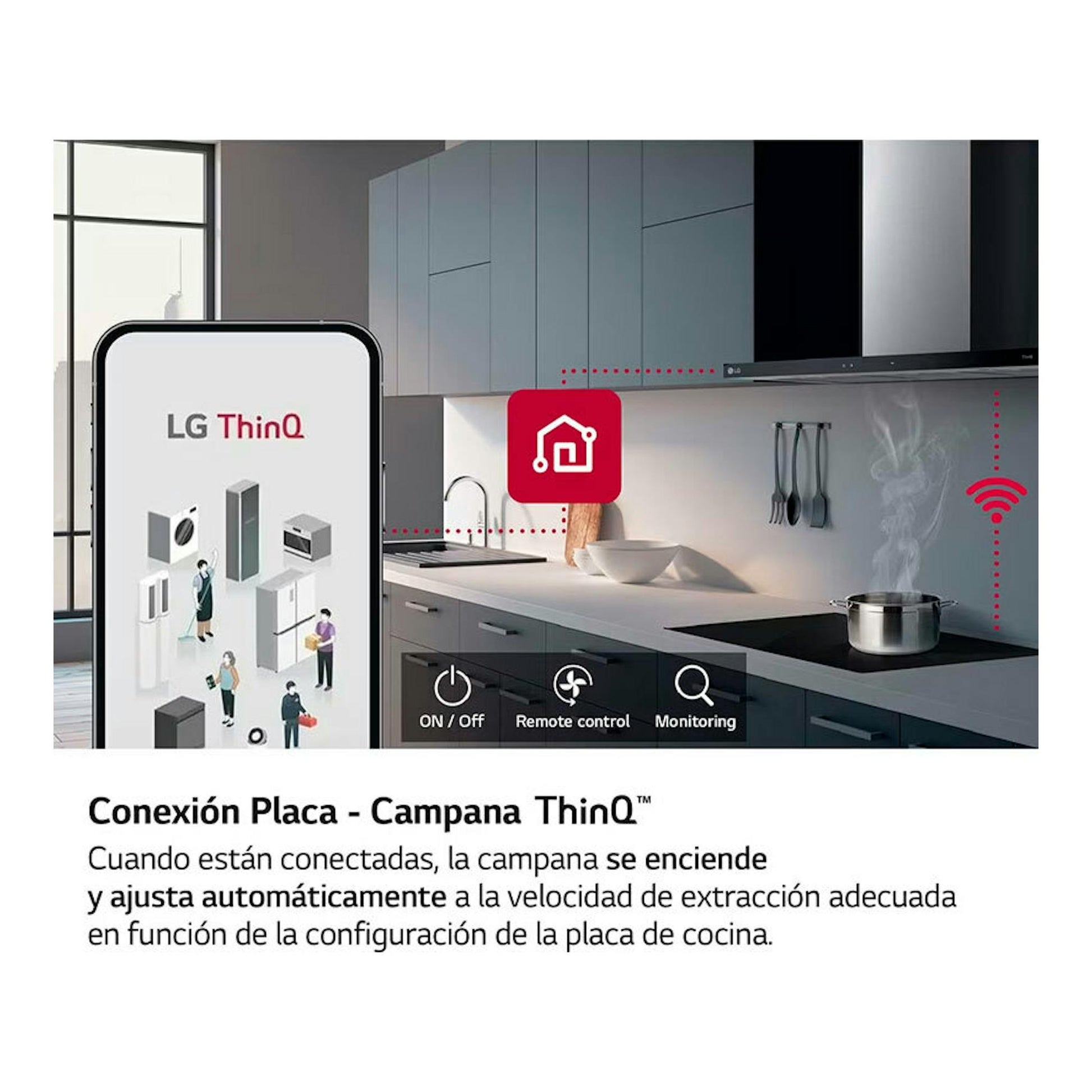 Campana decorativa LG HCEZ3626S inox, vista frontal parcial en cocina moderna con móvil LG ThinQ.