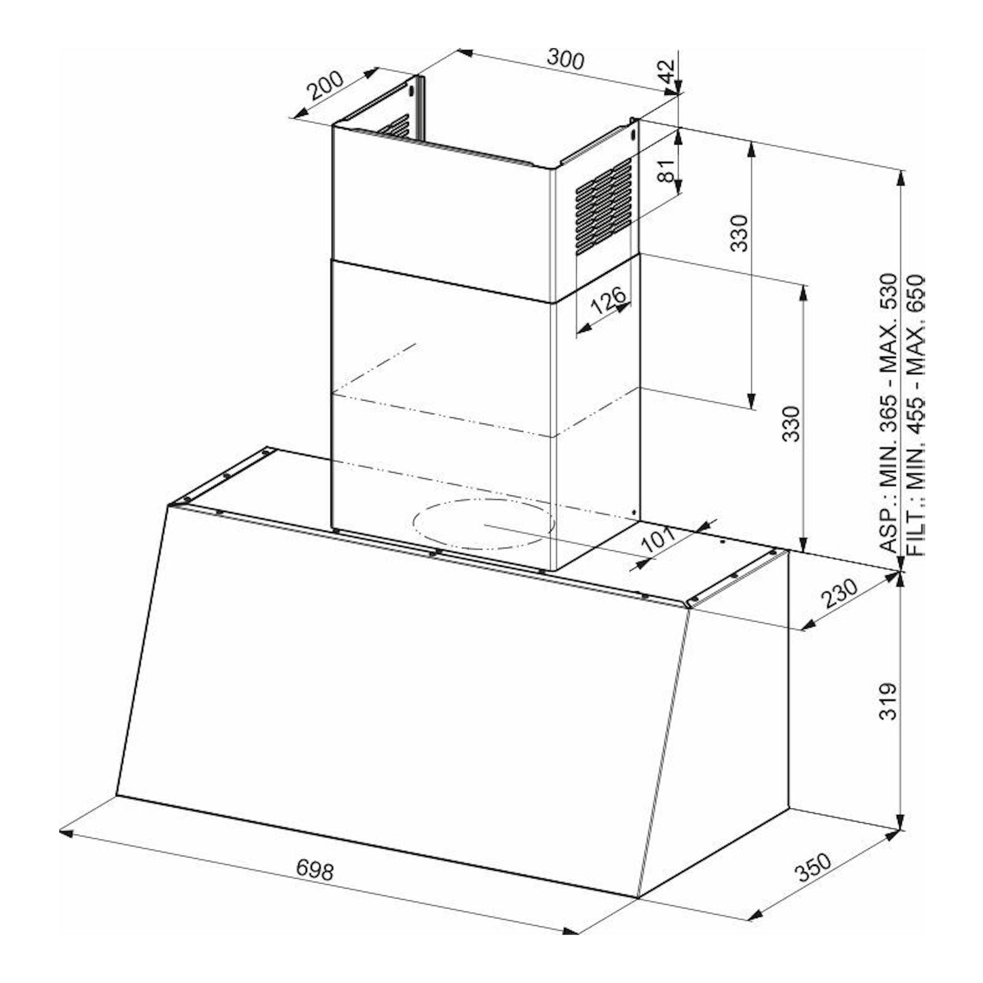 Dibujo técnico isométrico de campana decorativa Mepamsa Country 70 negra, con medidas.