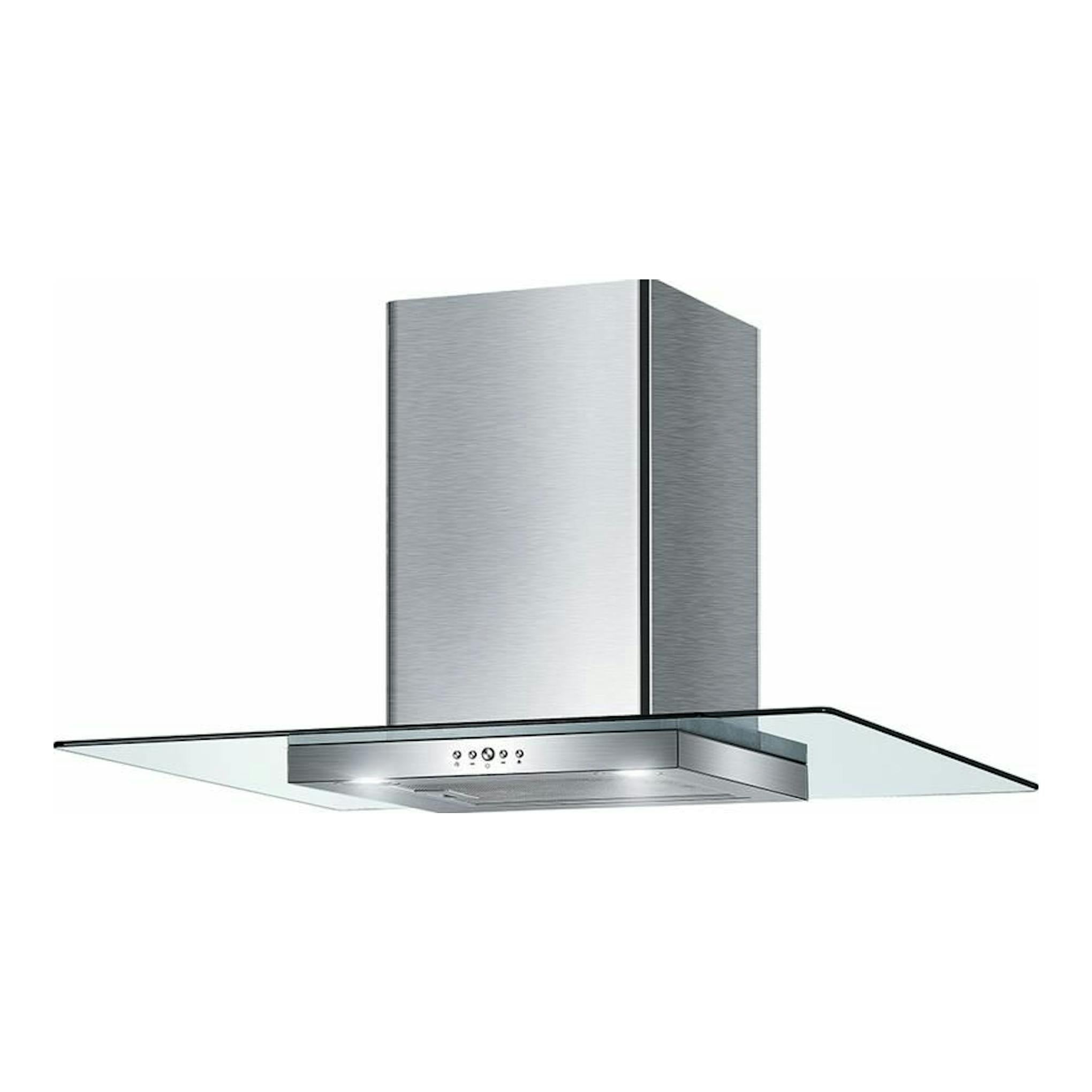 Campana decorativa Mepamsa Cristalo 90 inox, vista frontal, acero inoxidable con paneles de vidrio.