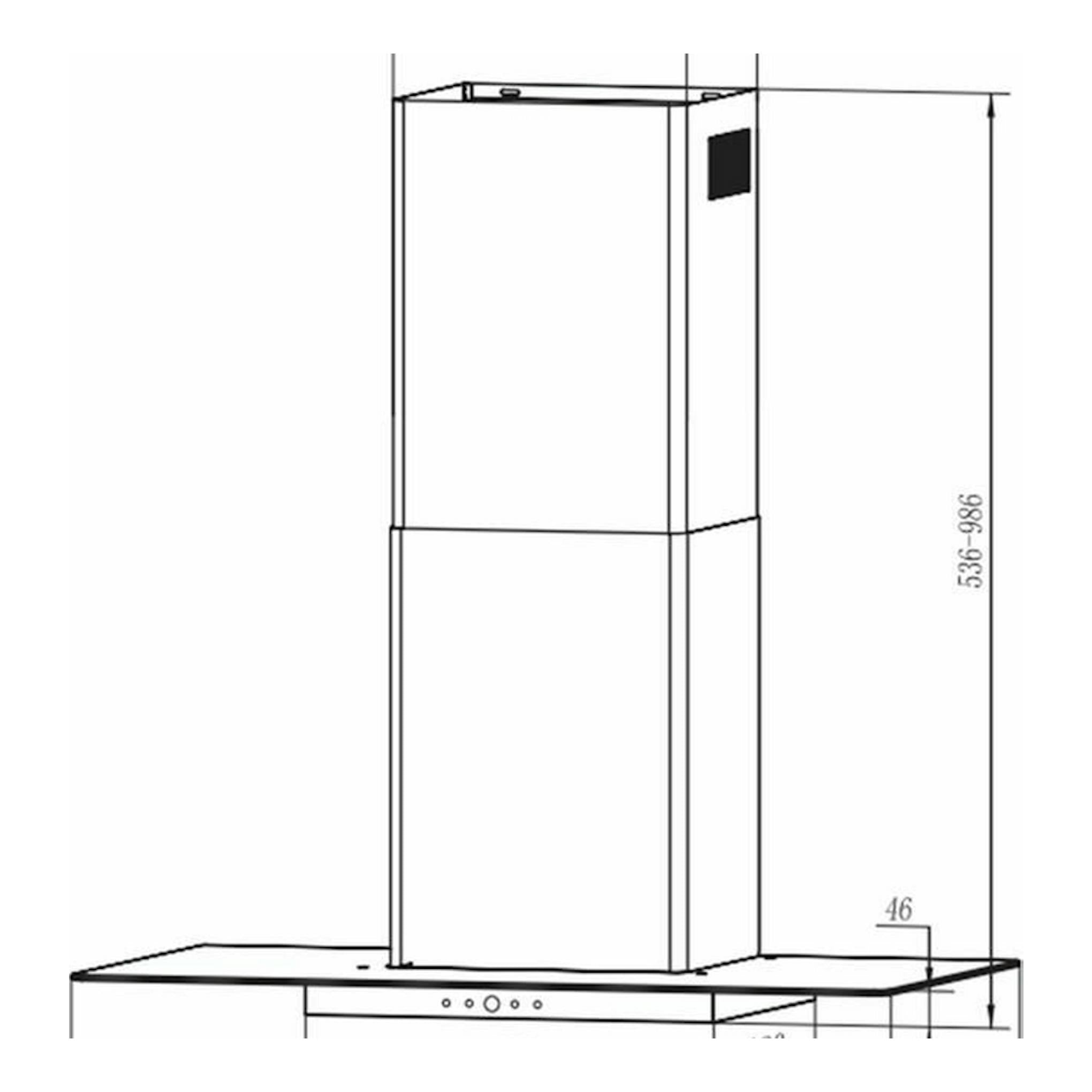 Dibujo técnico de campana decorativa Mepamsa Cristalo 90 Inox, vista frontal en acero inoxidable.