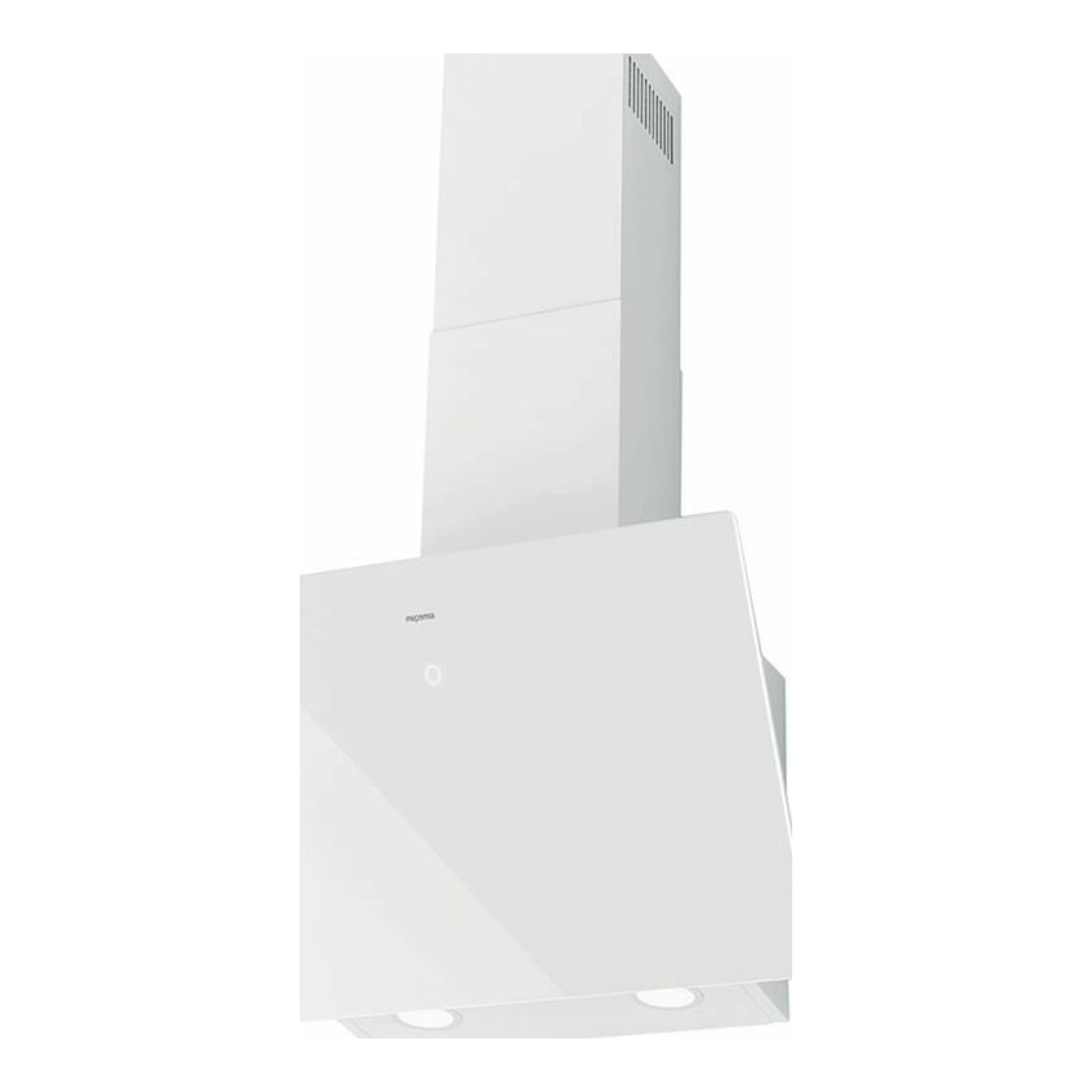 Campana decorativa Mepamsa CUADRO 60 blanca, vista frontal inclinada, con chimenea y panel de cristal.