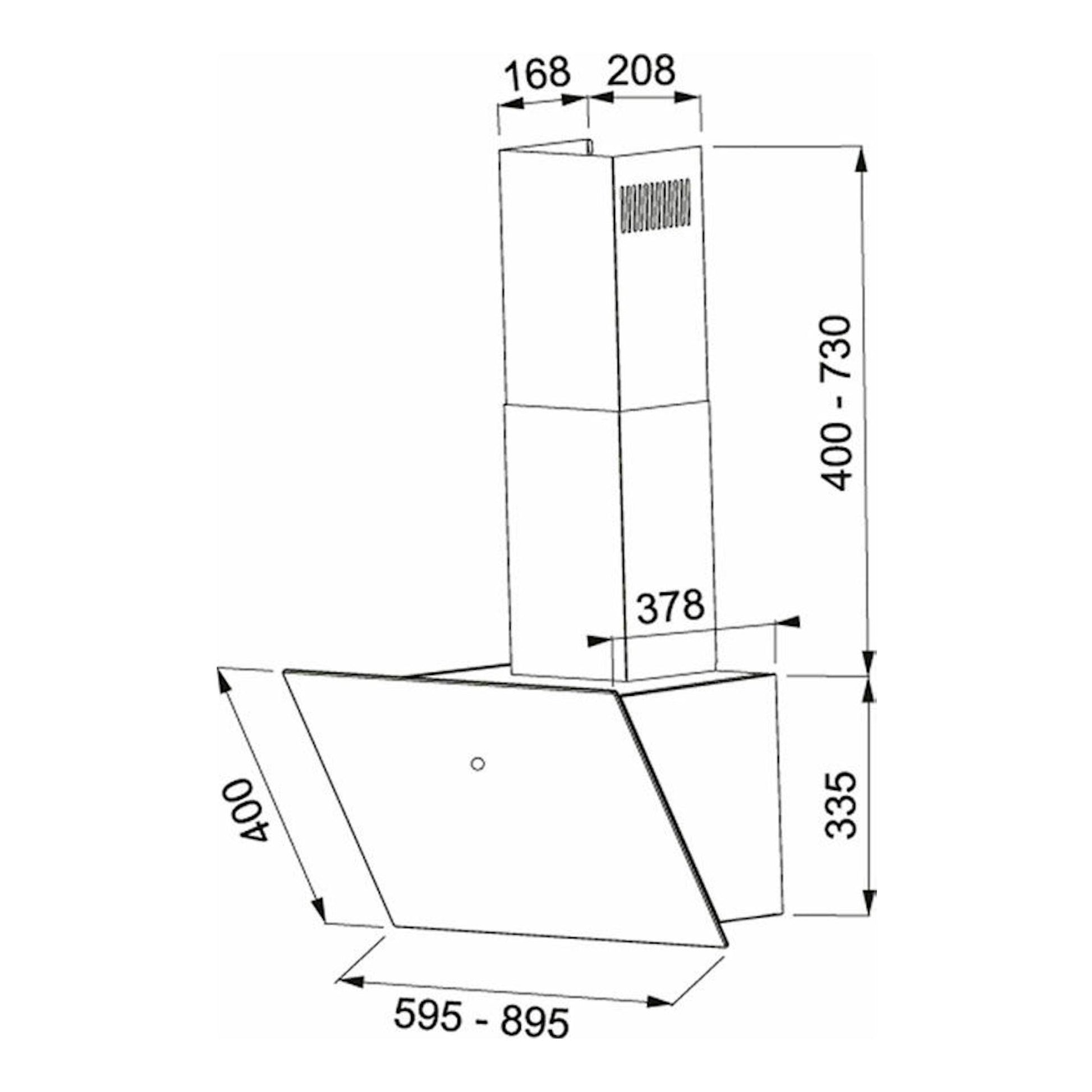 Dibujo técnico de campana decorativa Mepamsa CUADRO 60 negra, con vistas frontal y lateral y medidas.