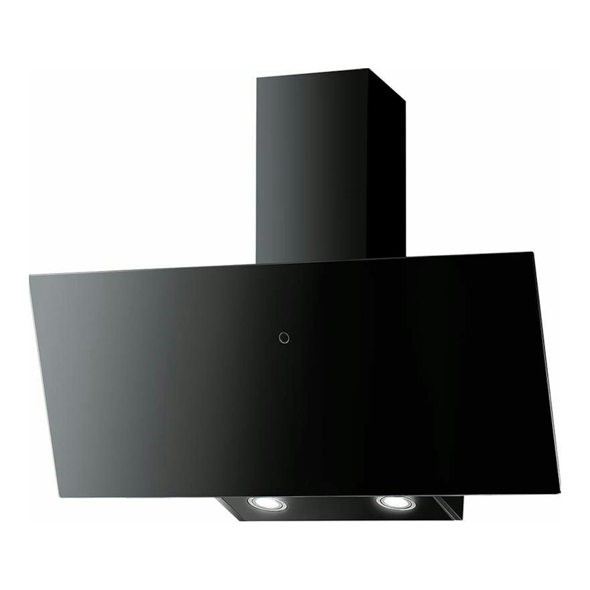 Campana decorativa Mepamsa CUADRO 90 negra, vista frontal en ángulo, con panel inclinado y dos luces.