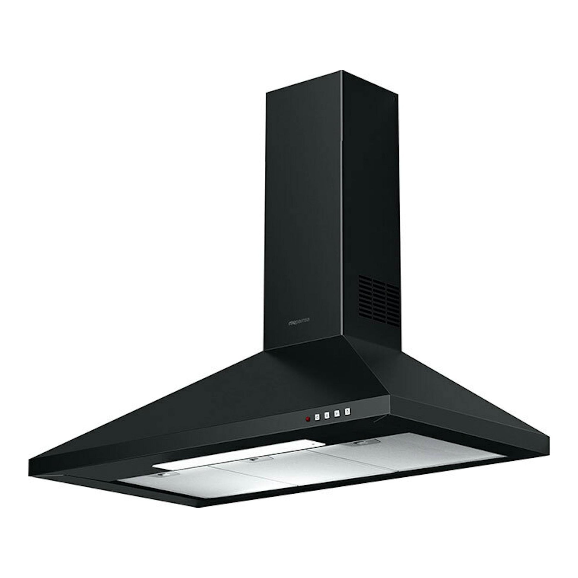 Campana decorativa Mepamsa Gavia 70 cm negra, vista frontal en ángulo, con chimenea rectangular y panel de mandos.