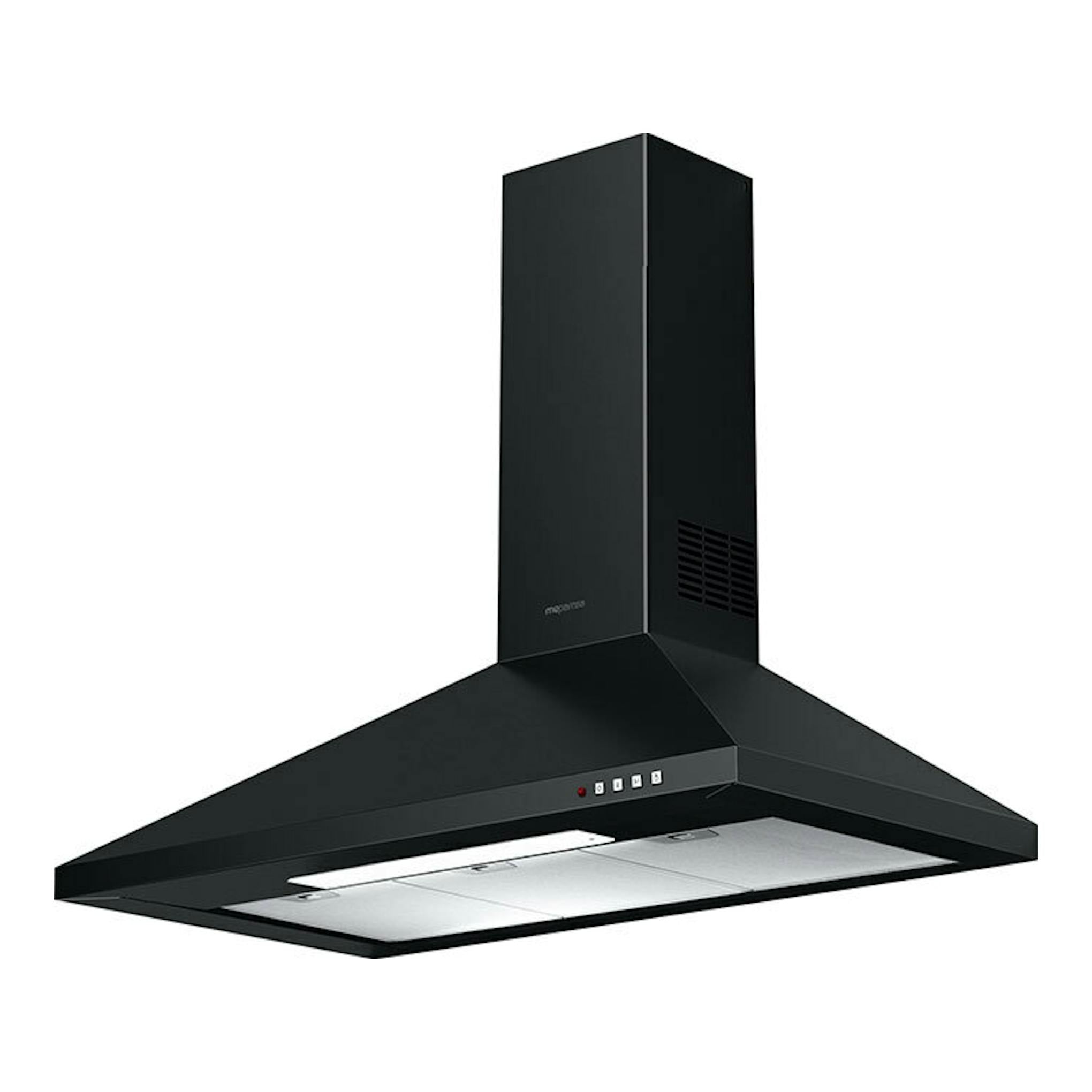 Campana decorativa Mepamsa Gavia 70 cm negra, vista frontal en ángulo, con chimenea rectangular y panel de mandos.