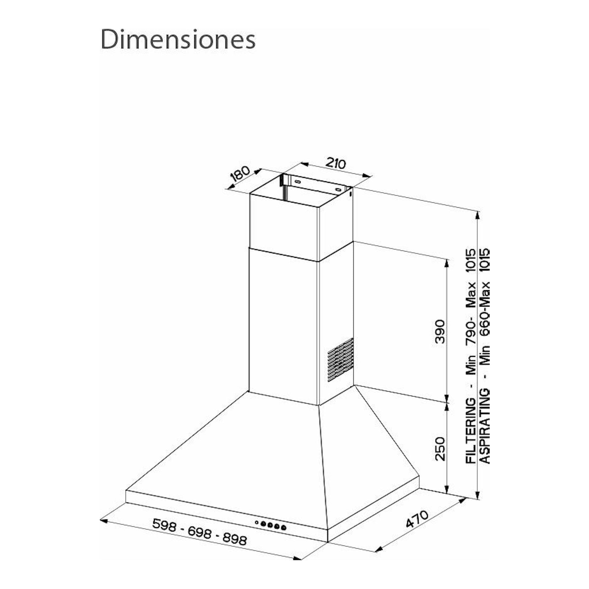 Campana decorativa Mepamsa Gavia 70 Inox, dibujo técnico en vista isométrica con medidas.