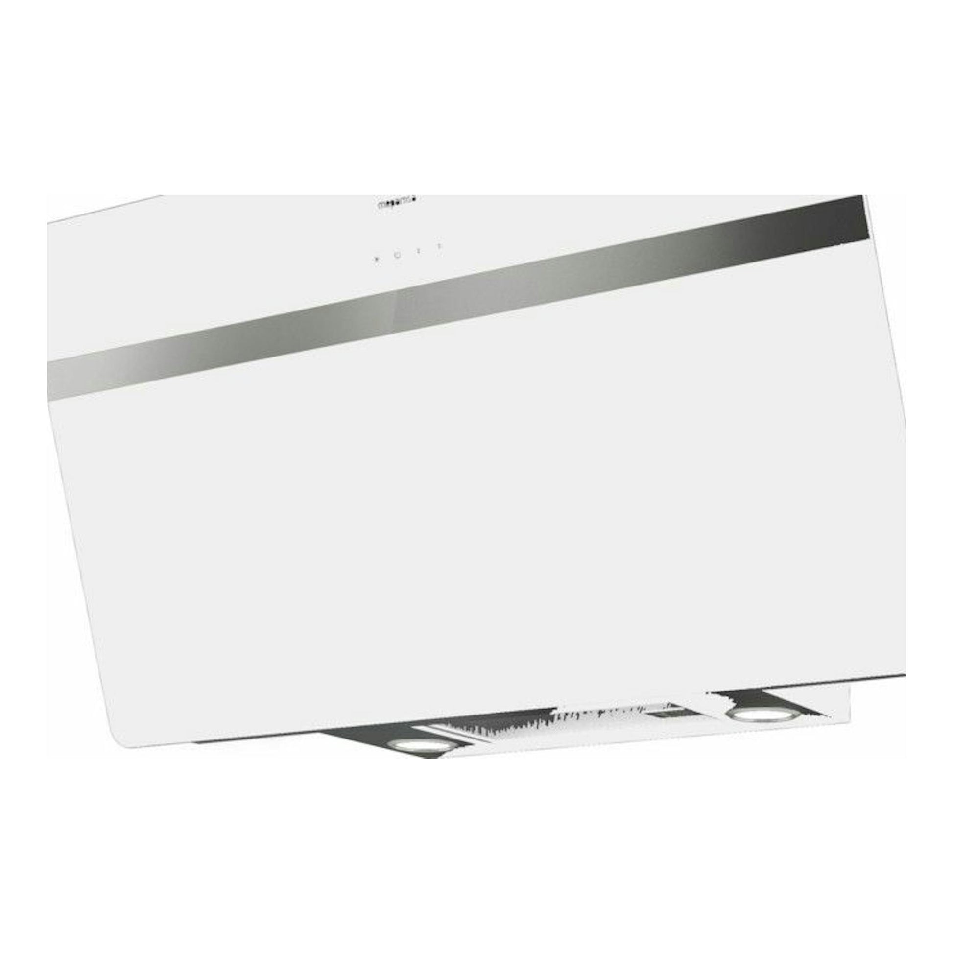 Campana decorativa Mepamsa LINEA 90 blanca, vista frontal en ángulo, con franja gris horizontal.