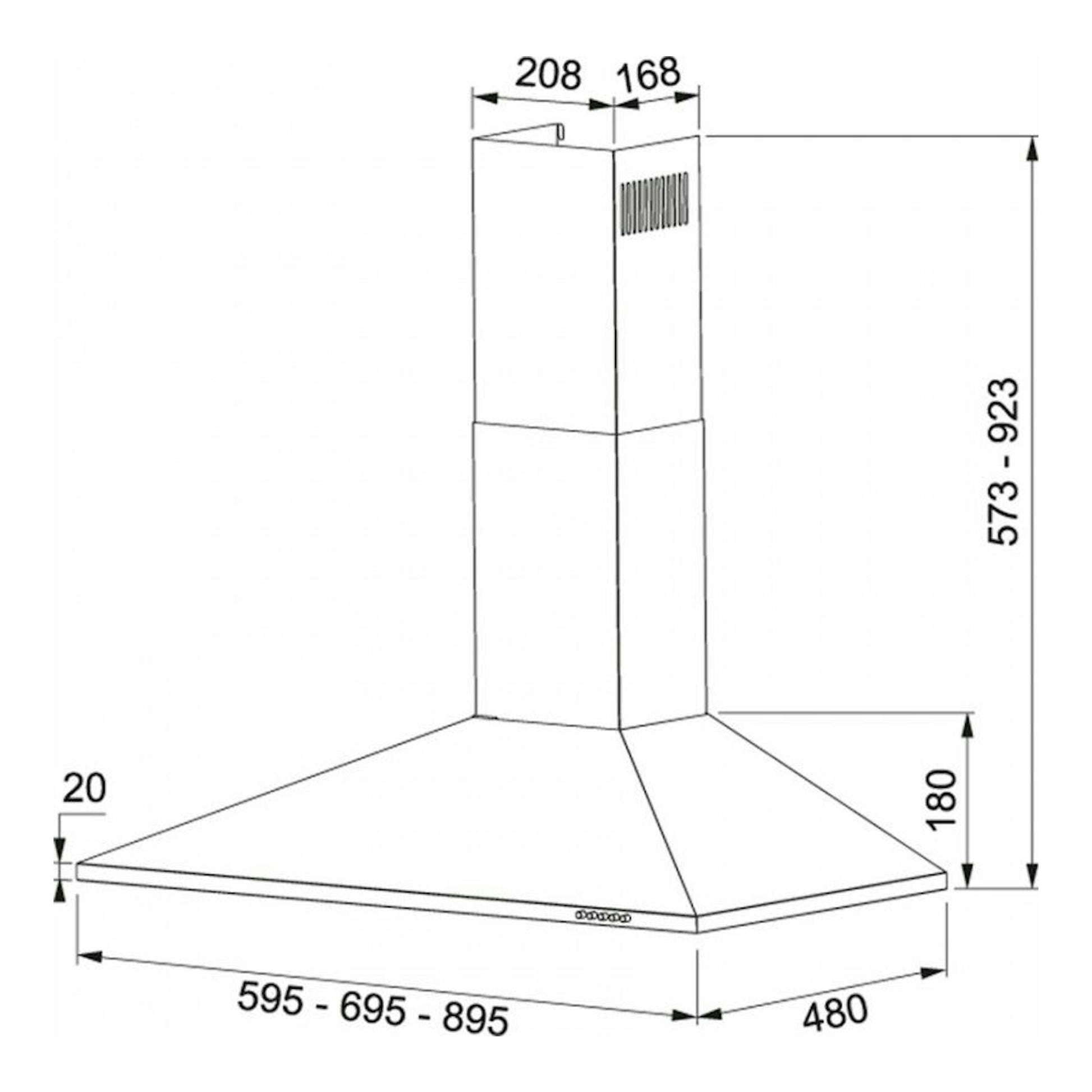 Dibujo técnico de campana extractora Mepamsa Piramide Plus 60 X inox, vista en perspectiva con medidas.