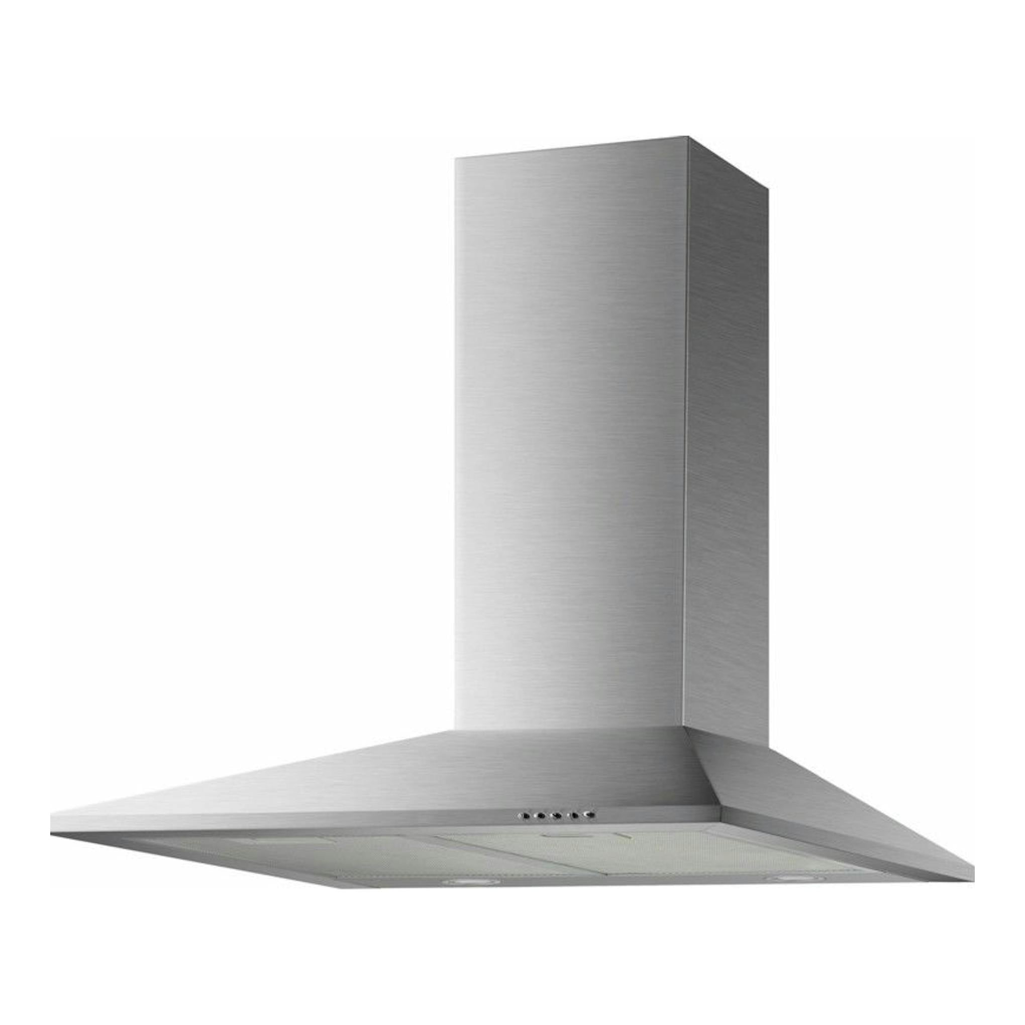 Campana decorativa Mepamsa Piramide Plus 70 X Inox, vista frontal, acabado inox, sobre fondo blanco.