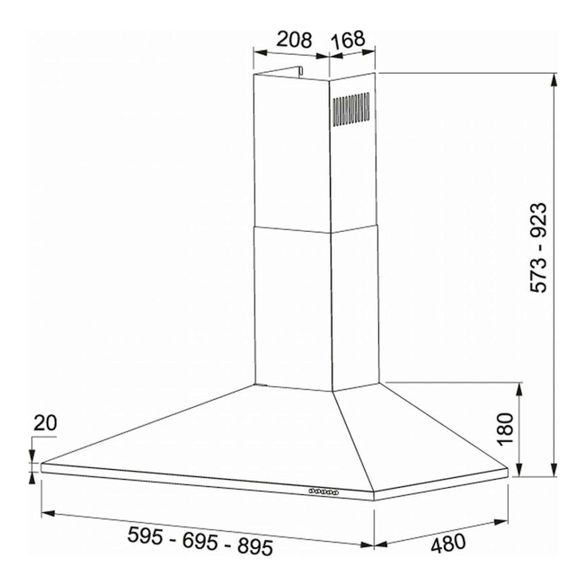 Dibujo técnico de campana decorativa Mepamsa Piramide Plus 70 X inox, vista frontal y lateral, con medidas.