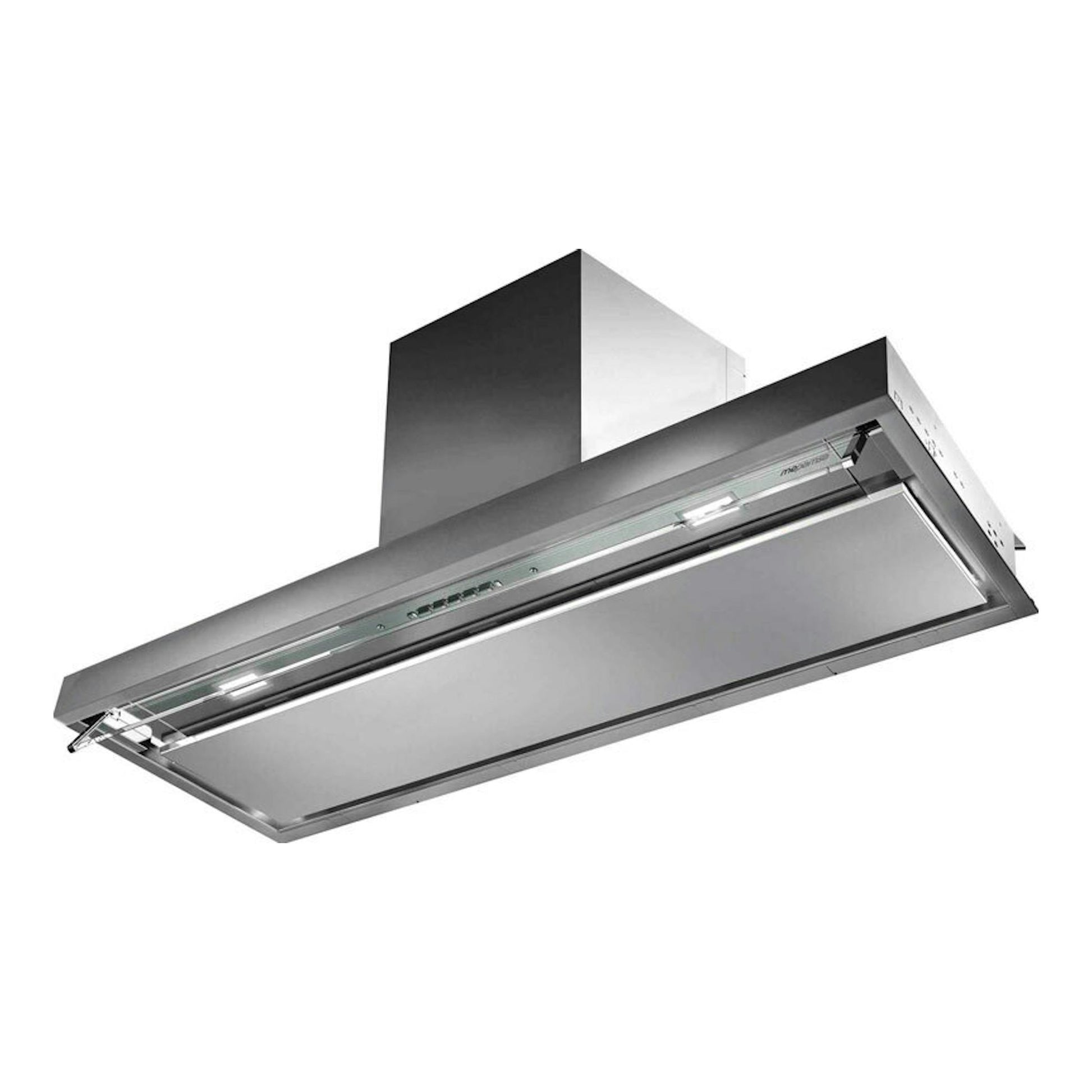 Campana decorativa Mepamsa Secret Premium Inox, vista inferior en ángulo, acero inoxidable.