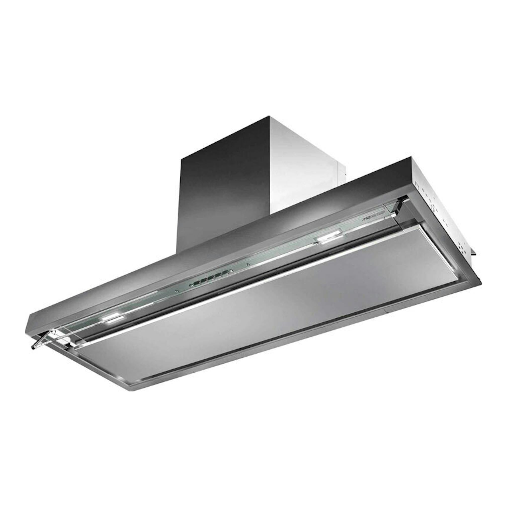 Campana decorativa Mepamsa Secret Premium Inox, vista inferior en ángulo, acero inoxidable.