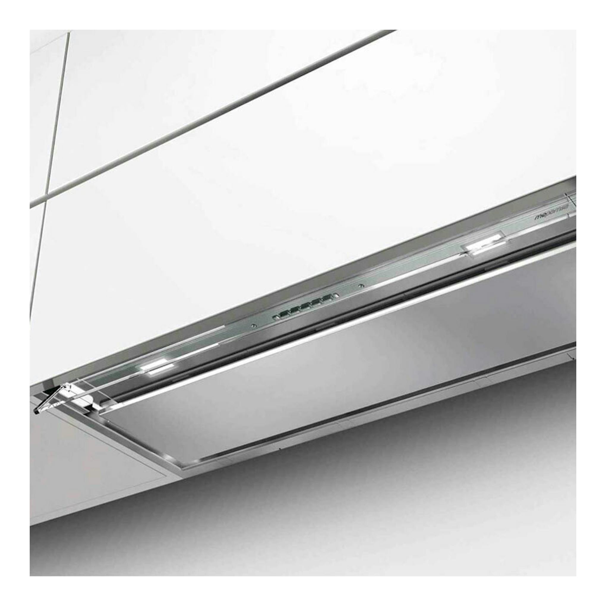 Campana extractora Mepamsa Secret Premium Inox, vista inferior inclinada en acero inoxidable.