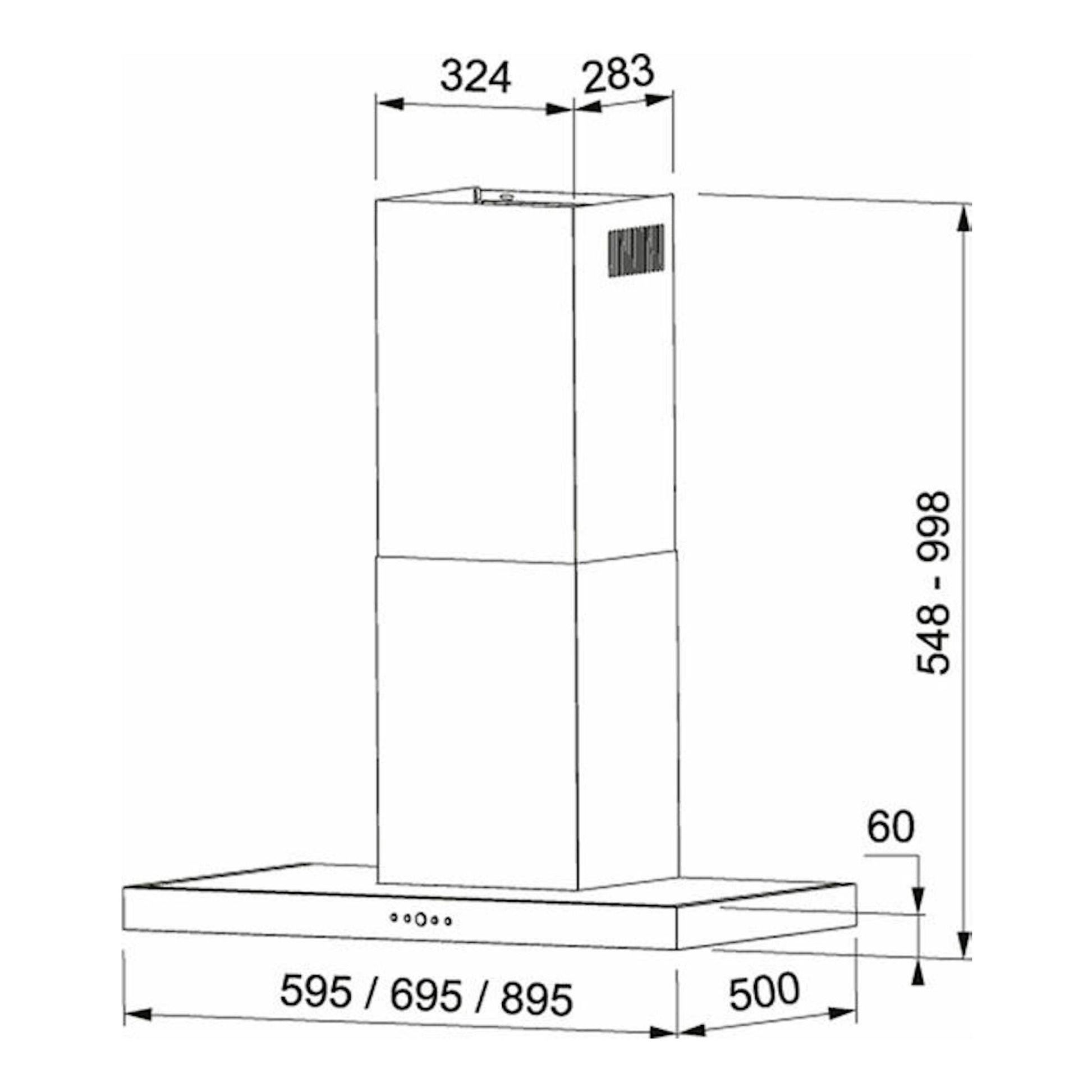 Dibujo técnico frontal de campana decorativa Mepamsa SILUETA XLA 70 inox con medidas.