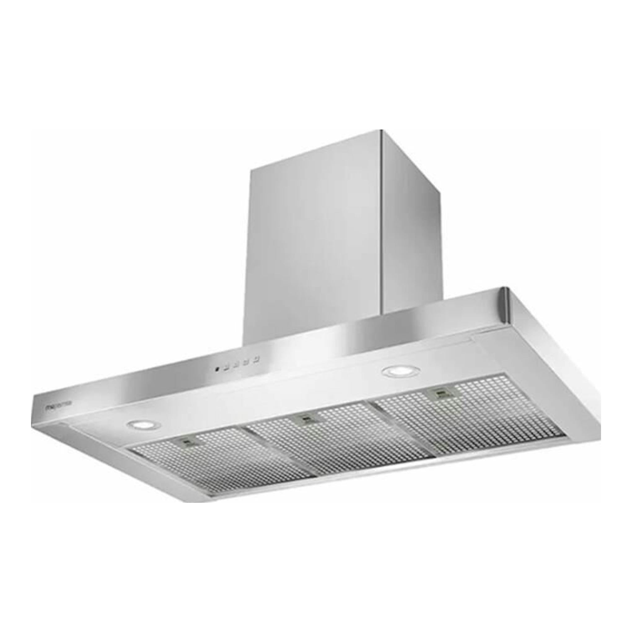 Campana decorativa Mepamsa Stilo Green Power GP 90 X de inox, vista inferior y frontal.
