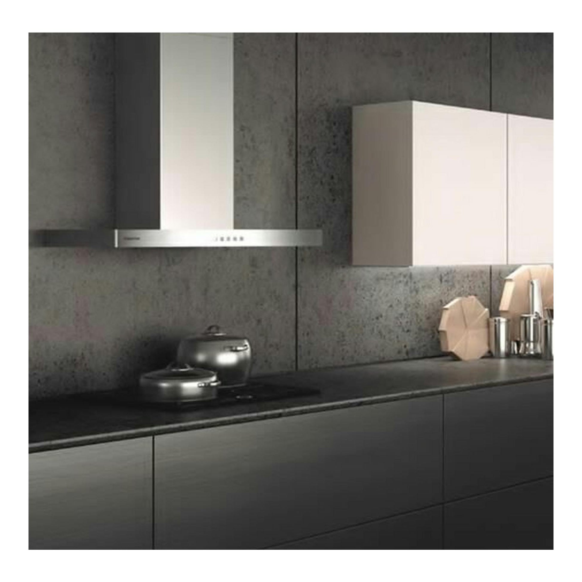 Campana extractora decorativa Mepamsa Stilo Green Power GP 90 X inox, vista frontal en cocina moderna.