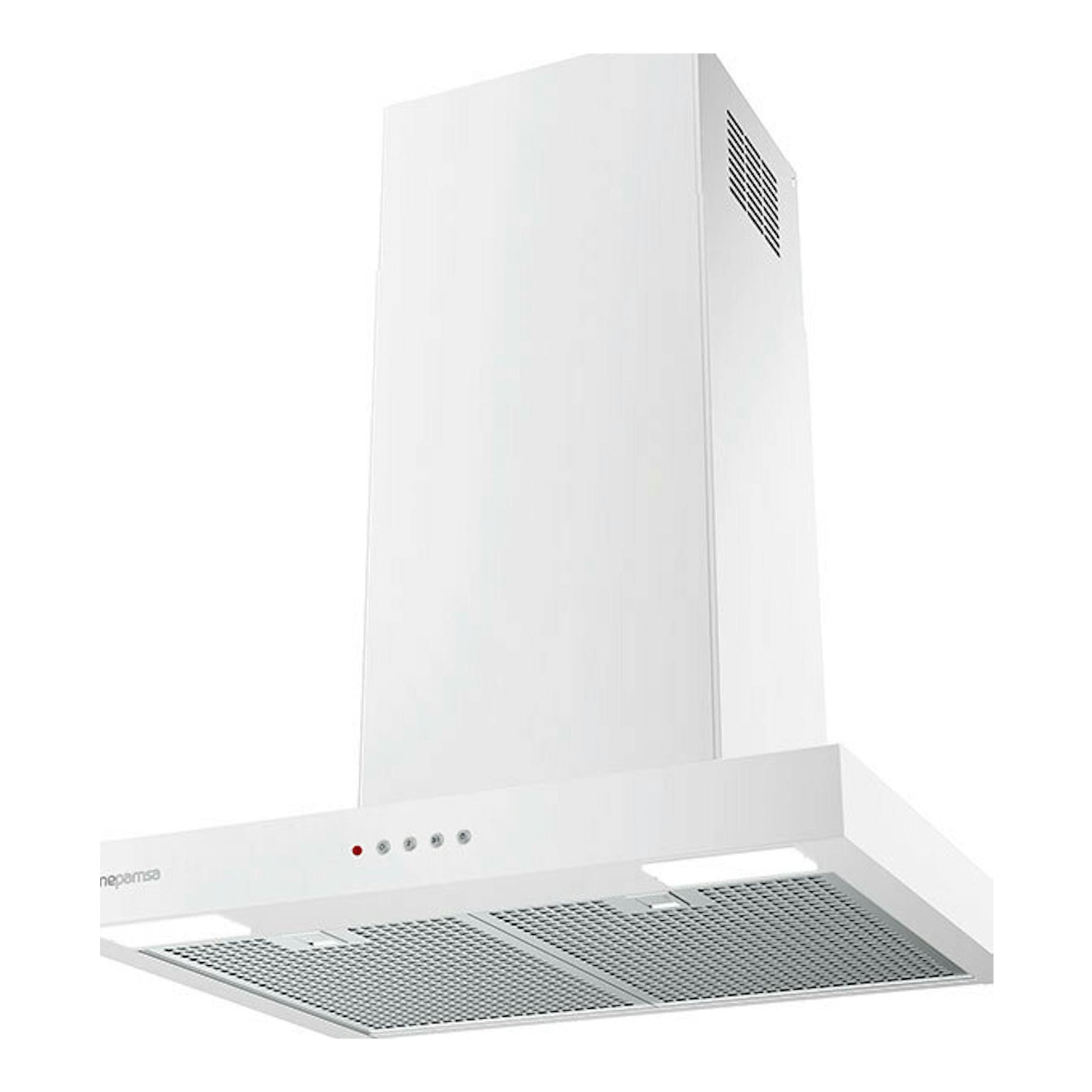 Campana decorativa Mepamsa Stilo Neo blanca, vista inferior y frontal, con panel y filtros metálicos.