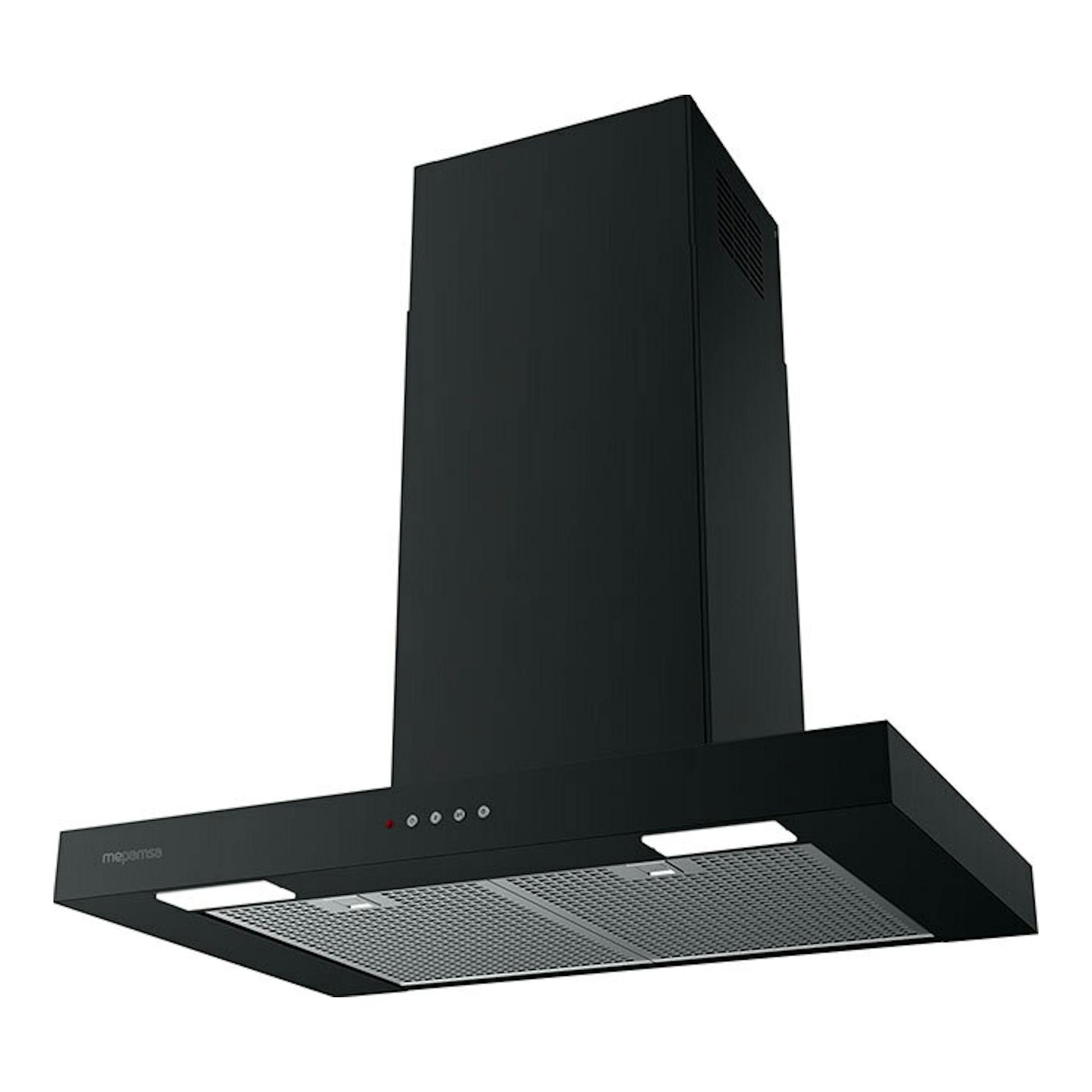 Campana decorativa Mepamsa Stilo Neo negra, vista frontal e inferior, con chimenea alta.
