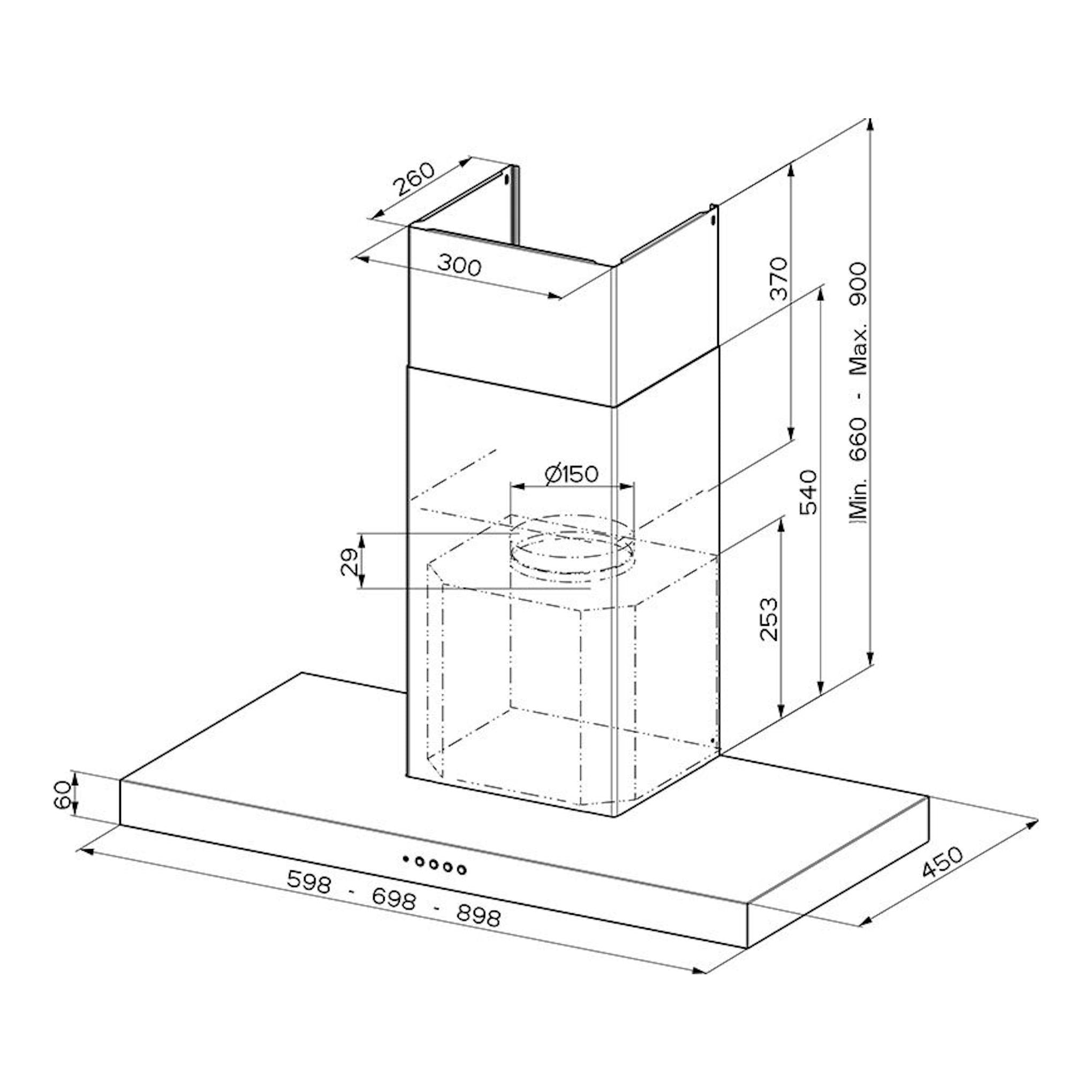 Esquema técnico isométrico de la campana decorativa Mepamsa Stilo Neo 70 X Inox, con medidas.