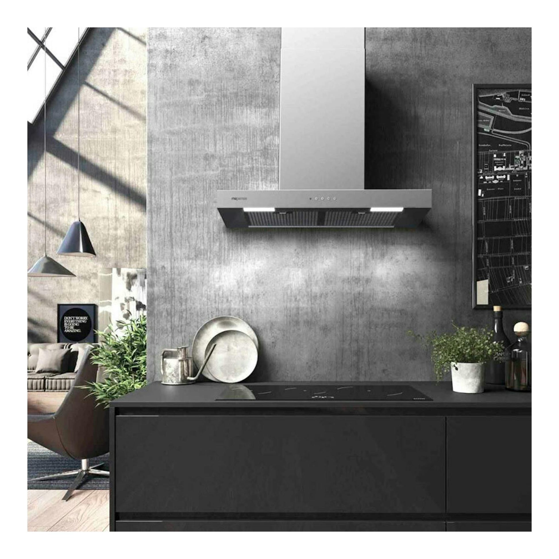 Mepamsa Stilo Neo 70 X Inox, campana decorativa de pared en acero inoxidable, vista frontal en cocina moderna.