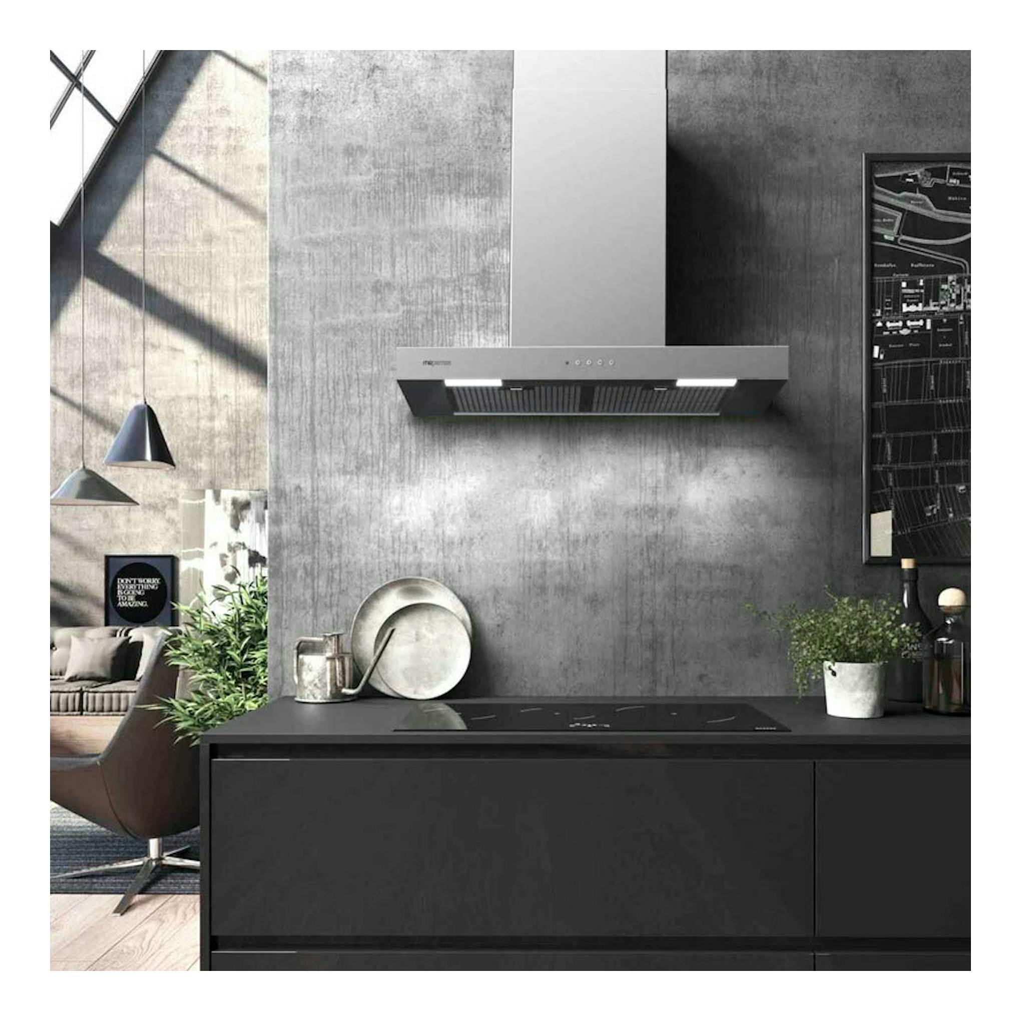 Mepamsa Stilo Neo 70 X Inox, campana decorativa de pared en acero inoxidable, vista frontal en cocina moderna.