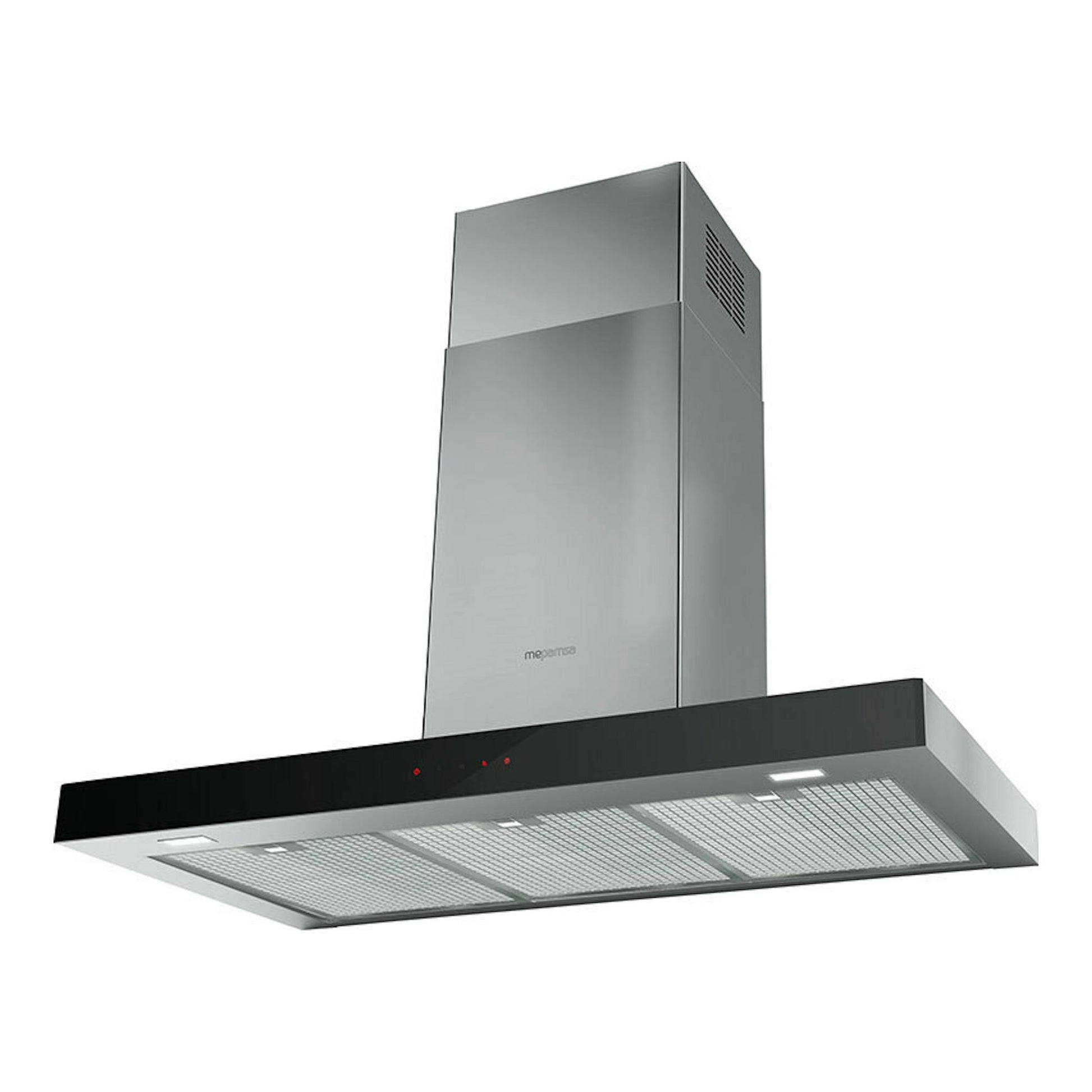Campana decorativa Mepamsa Stilo Neo 90 cm en inox, vista frontal inferior en perspectiva.