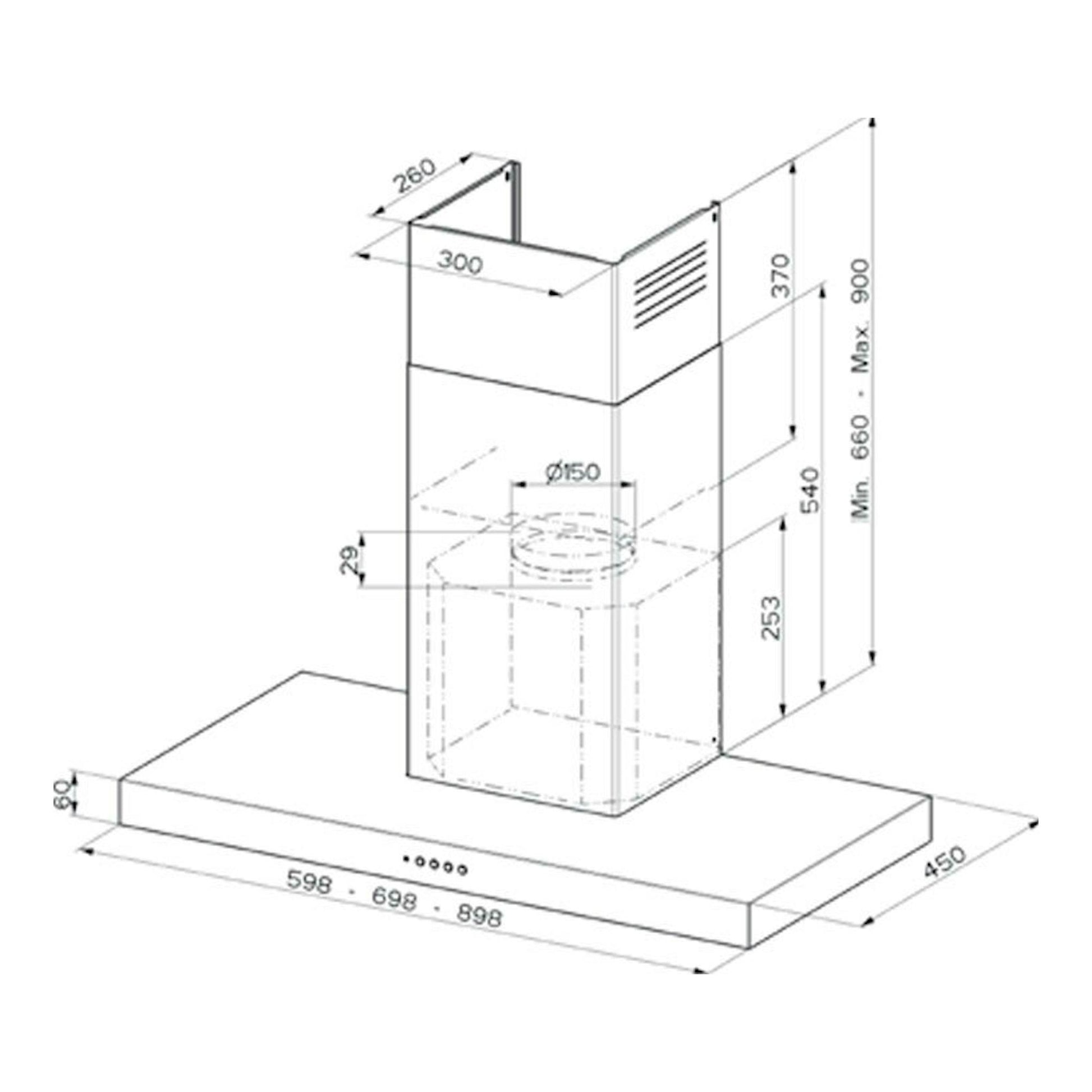 Esquema técnico de campana decorativa Mepamsa Stilo Neo inox, vista frontal y lateral, con medidas.