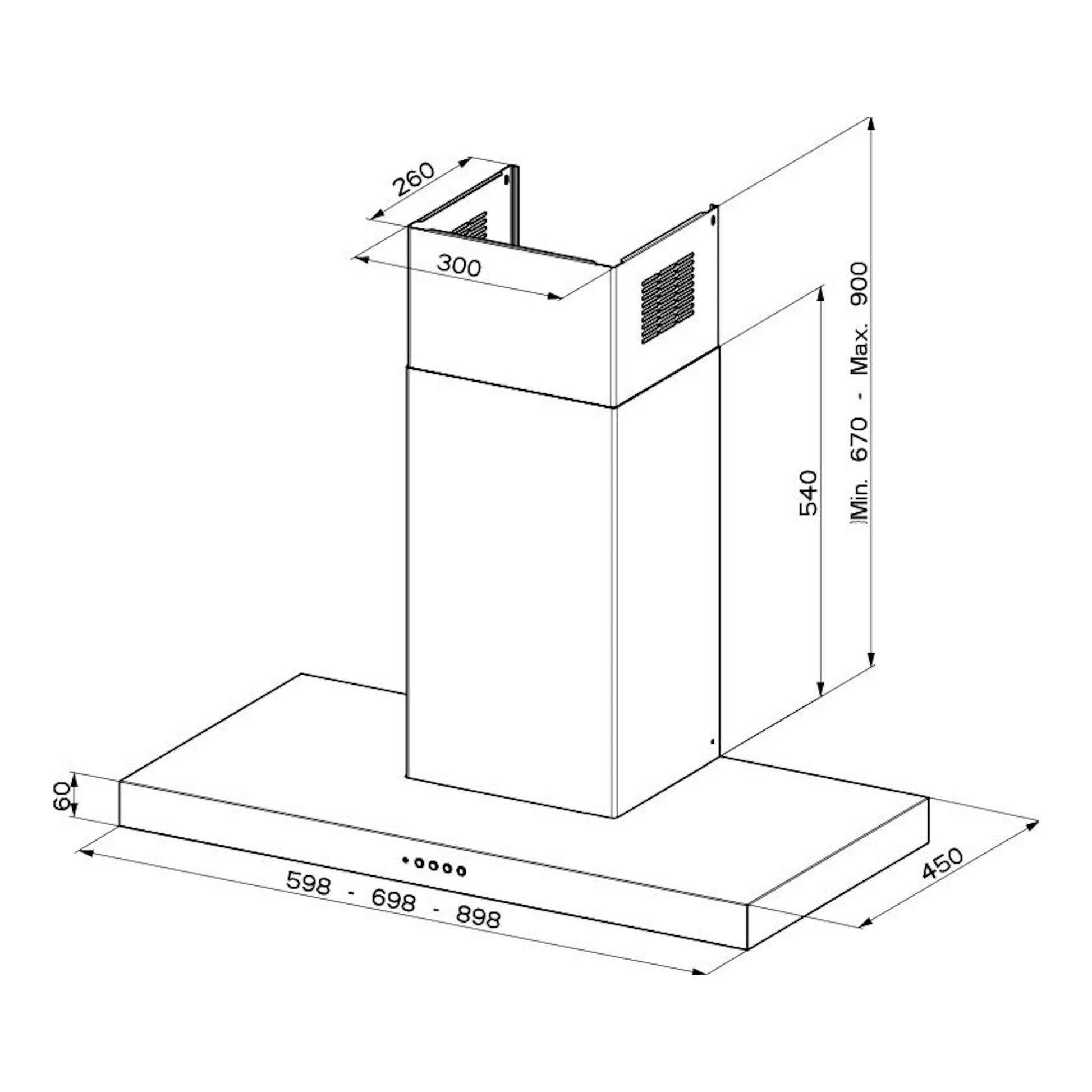Dibujo técnico de la campana decorativa Mepamsa Stilo Neo negra, vista frontal y lateral, con medidas.