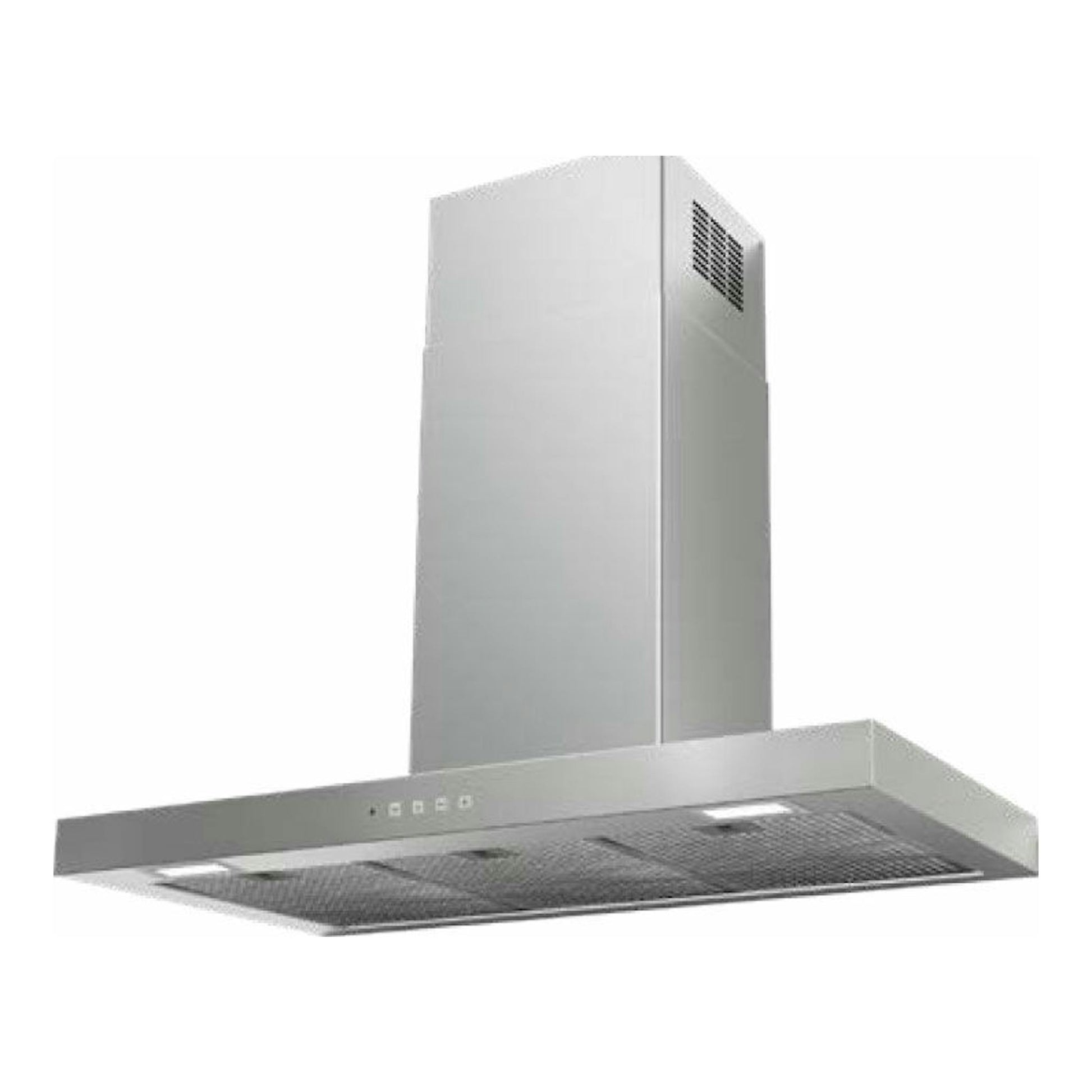 Campana decorativa Mepamsa Stilo Neo 90 inox, vista frontal en perspectiva, acabado acero inoxidable.