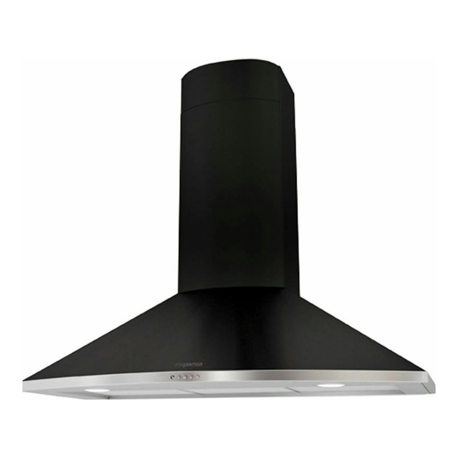 Campana decorativa Mepamsa Tender H 70 negra, vista frontal, con chimenea y base inclinada.