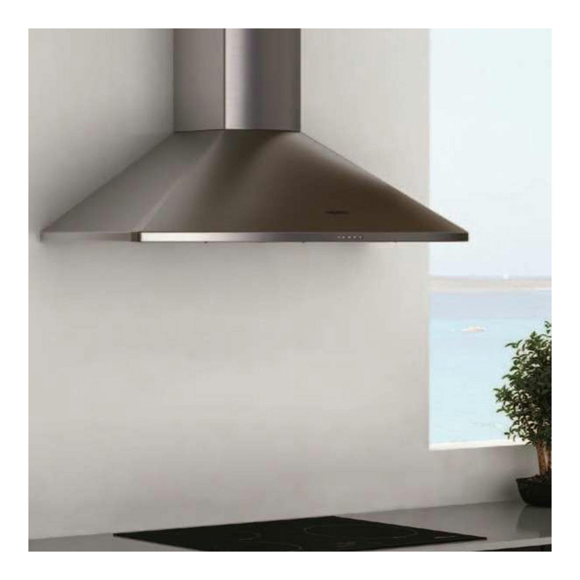 Campana decorativa Mepamsa Tender H 70 negra, vista frontal, montada en pared sobre cocina blanca.