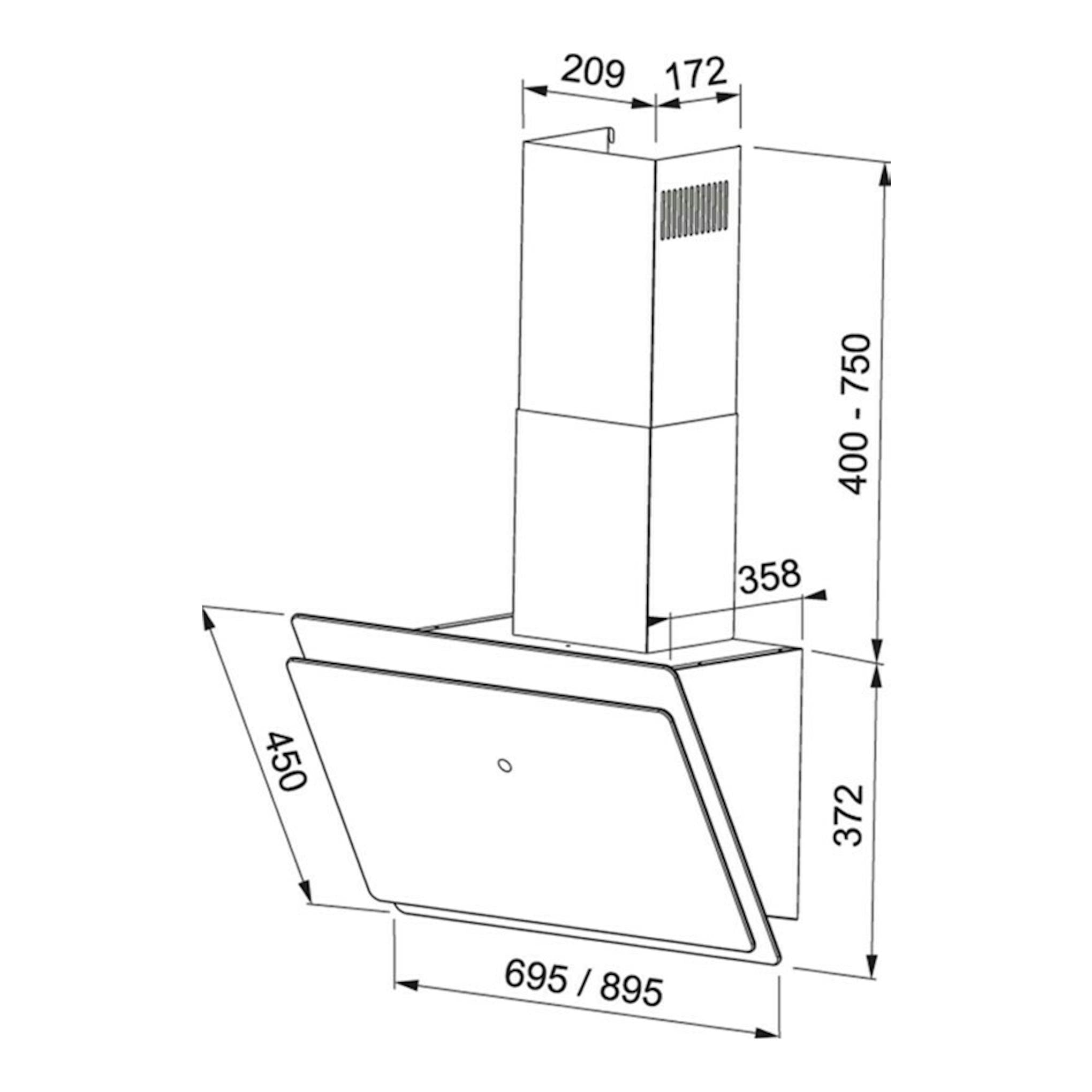 Dibujo técnico de campana decorativa Mepansa Luna Plus 70 negra, vista frontal con medidas.