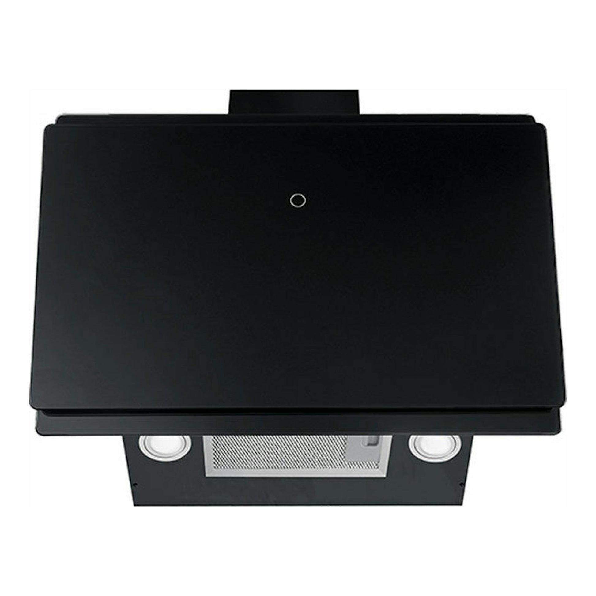 Campana decorativa Mepansa Luna Plus 90 negra, vista frontal con panel de vidrio negro.