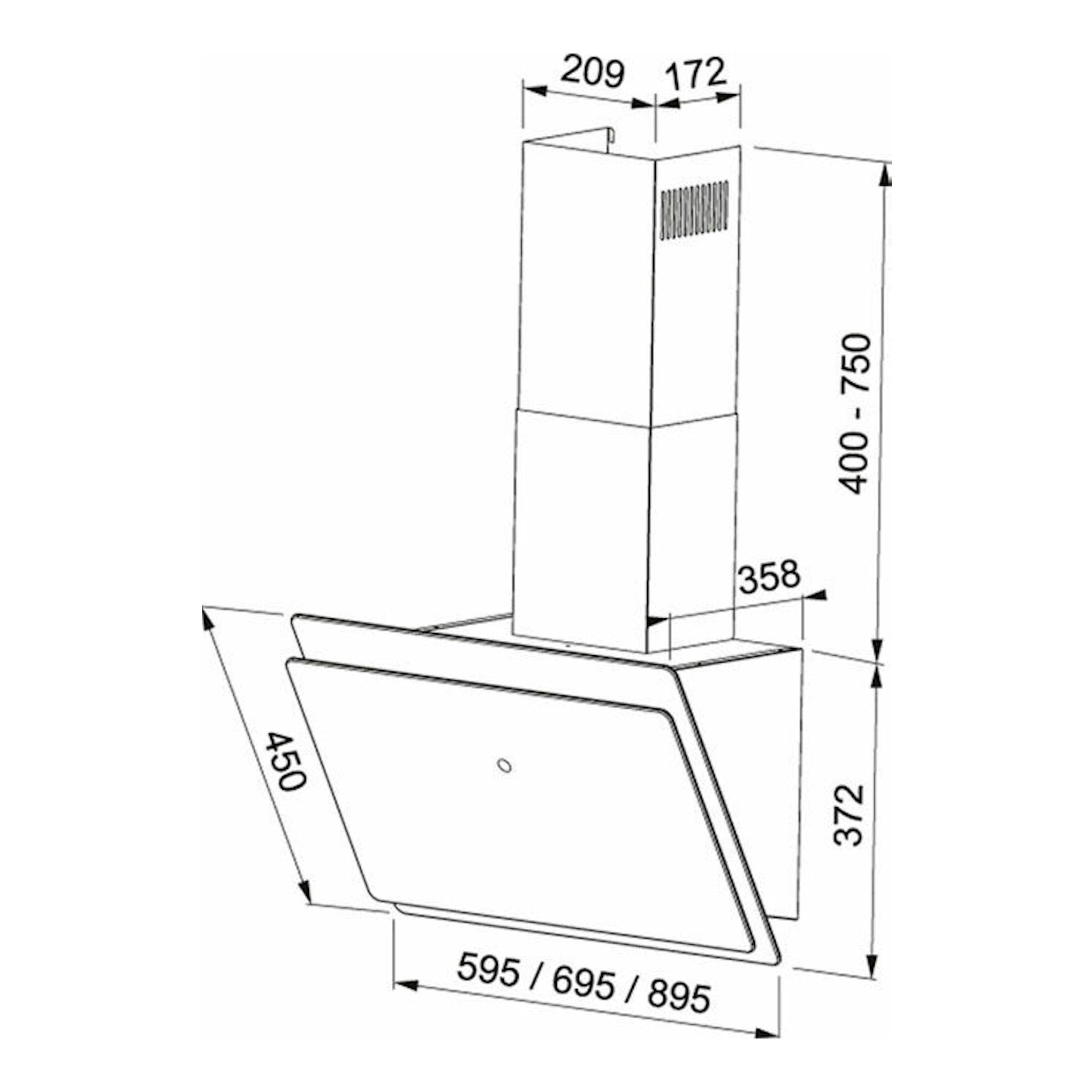 Dibujo técnico de campana decorativa Mepansa Luna Plus 90 Negro, vista frontal e inclinada con medidas.