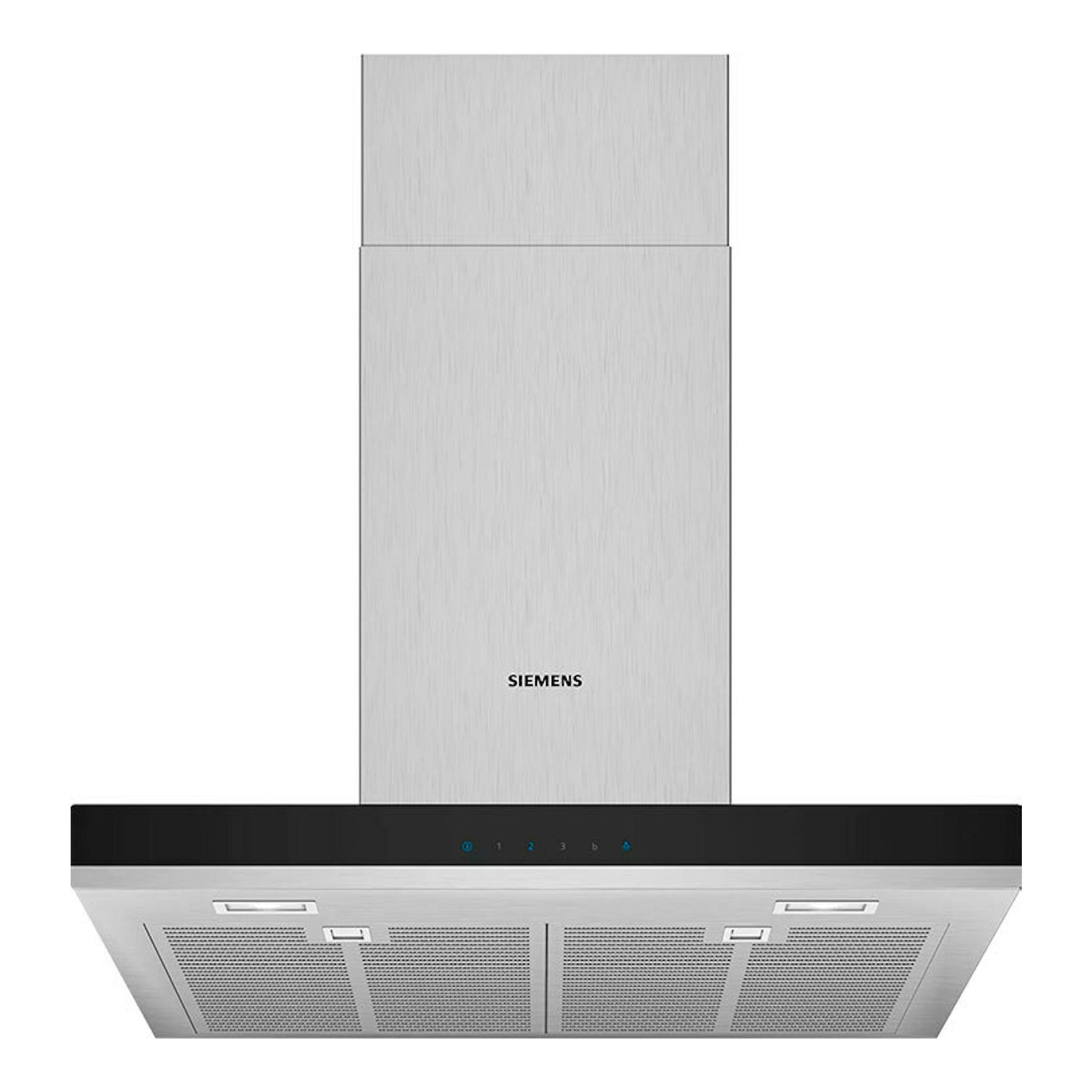 Campana decorativa Siemens LC67BHM50 inox, vista frontal, en acero inoxidable con panel negro.