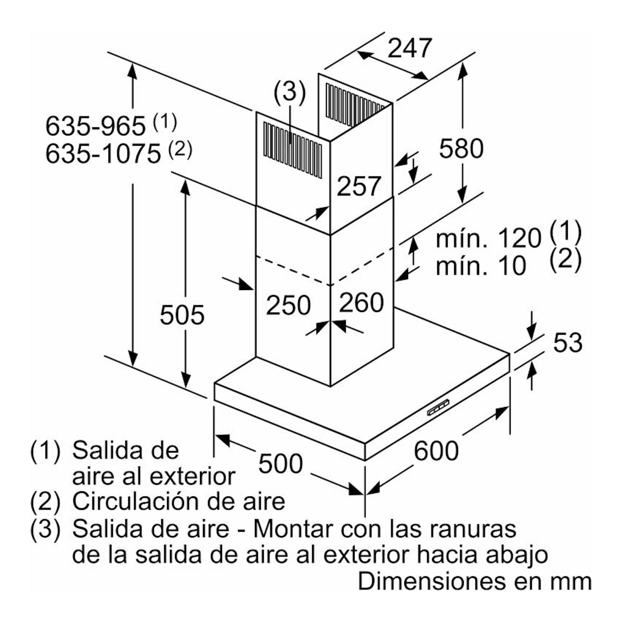 Esquema técnico isométrico de campana decorativa Siemens LC67BHM50 inox, con medidas en mm.