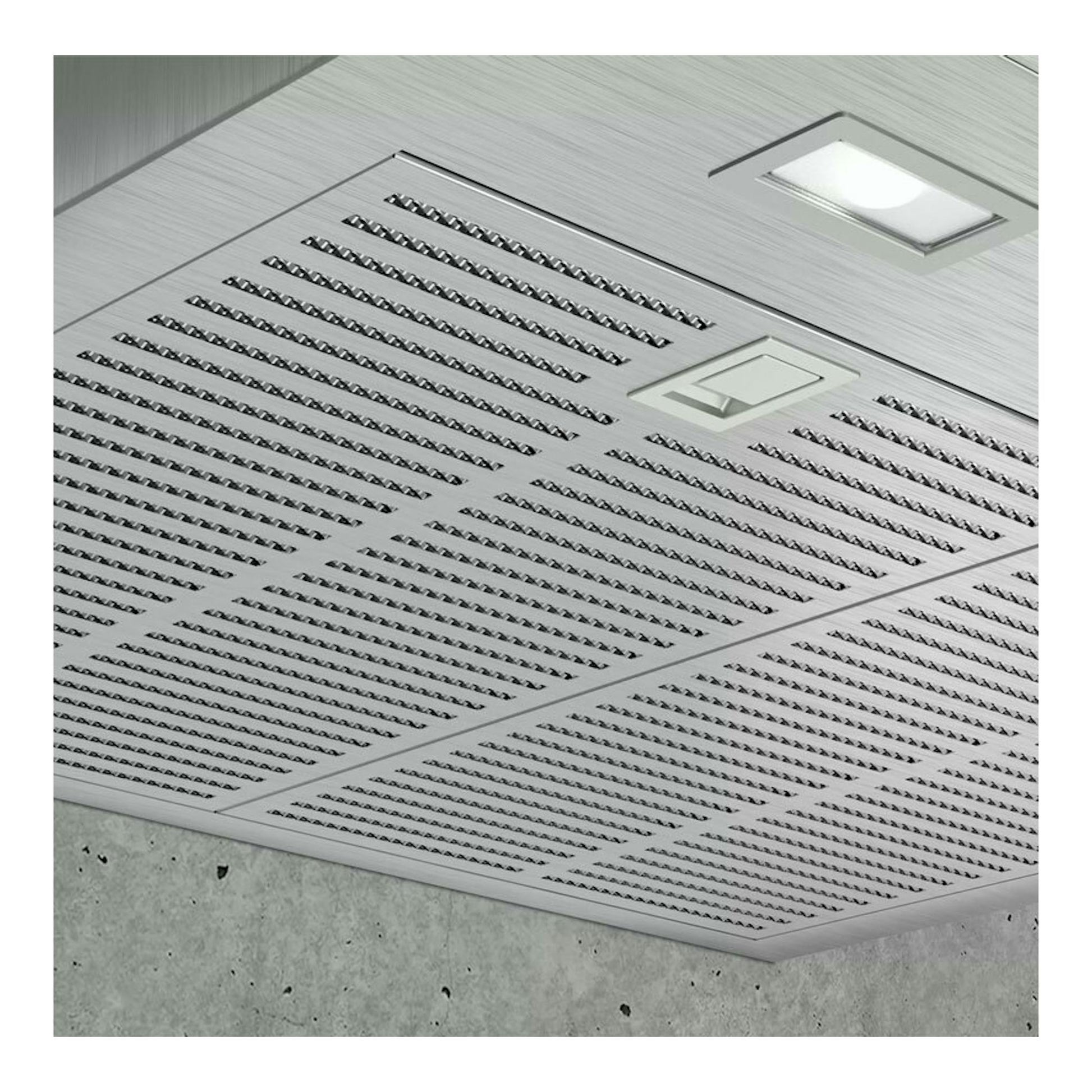 Campana decorativa Siemens LC67BHM50 inox, vista inferior empotrada en techo, con rejillas y luces LED.