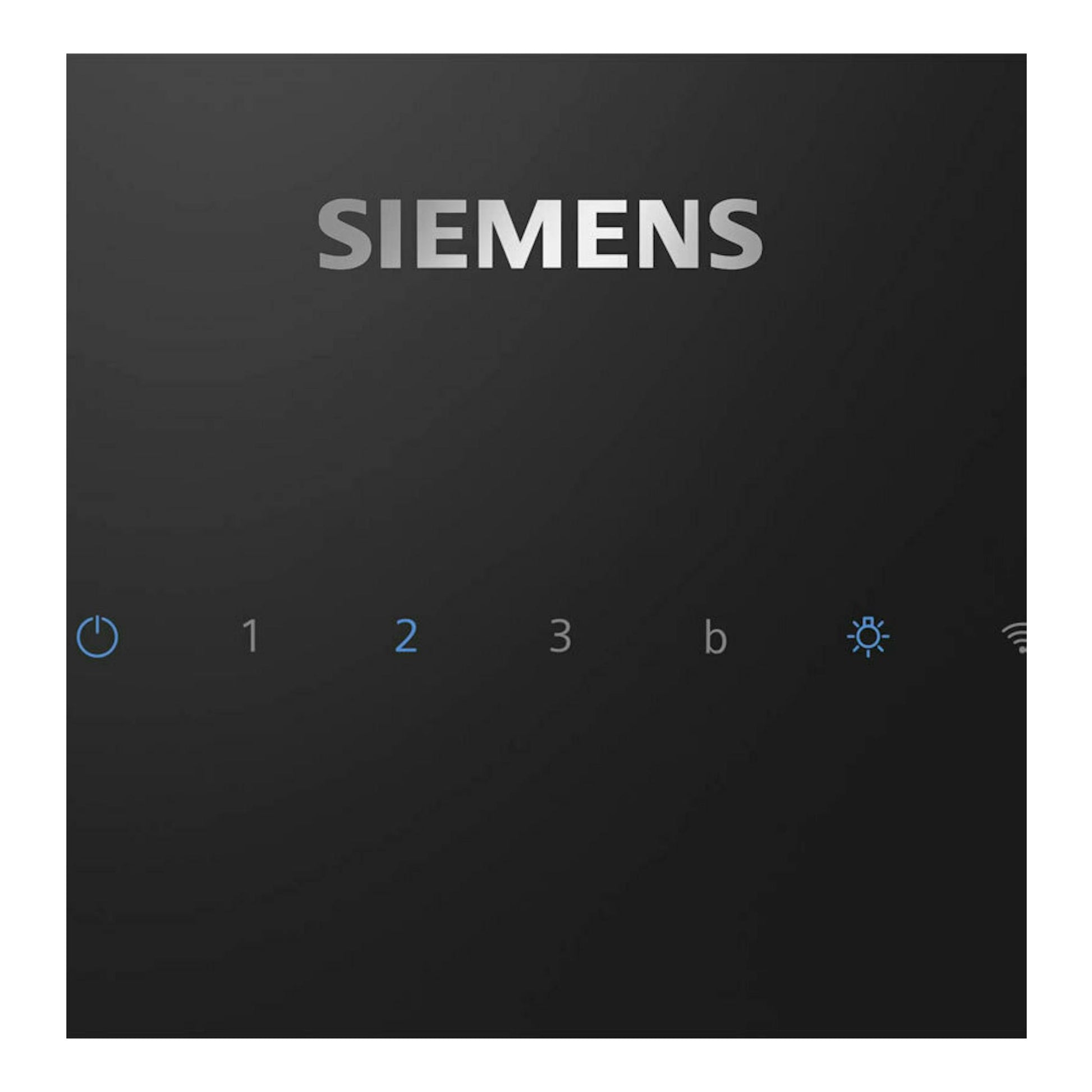 Campana decorativa Siemens LC81KAN60 negra, vista frontal del panel táctil con iconos iluminados.