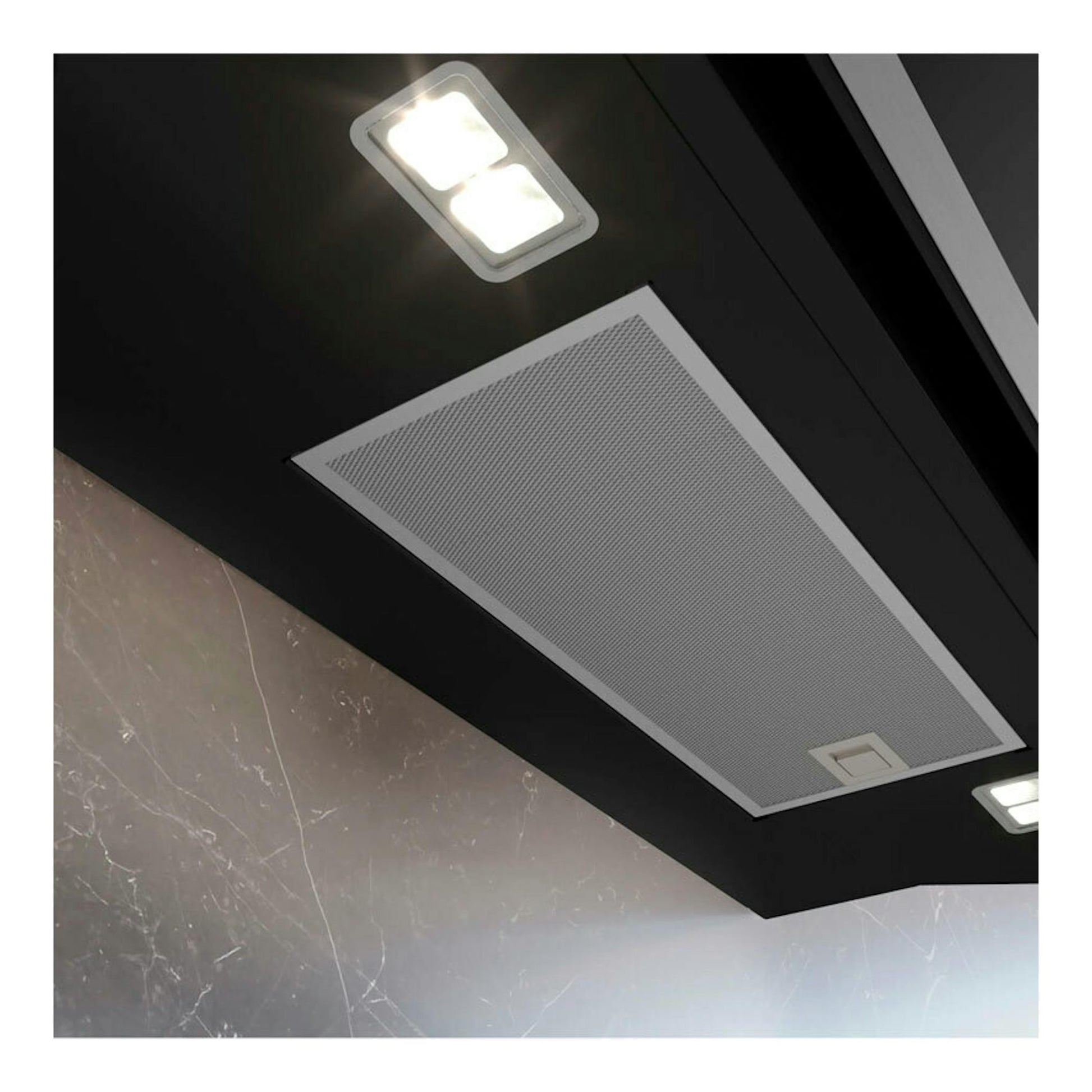 Campana decorativa Siemens LC81KAN60 negra, vista inferior, con filtro rectangular y luces LED.