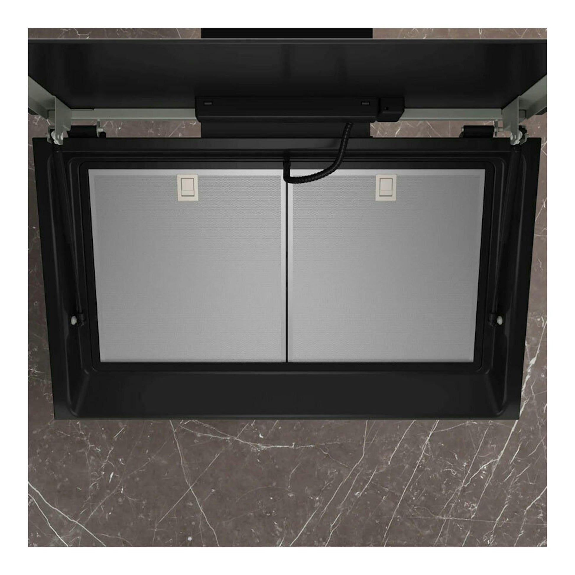 Campana decorativa Siemens LC81KAN60 negra, vista inferior con filtros metálicos y panel abatido.