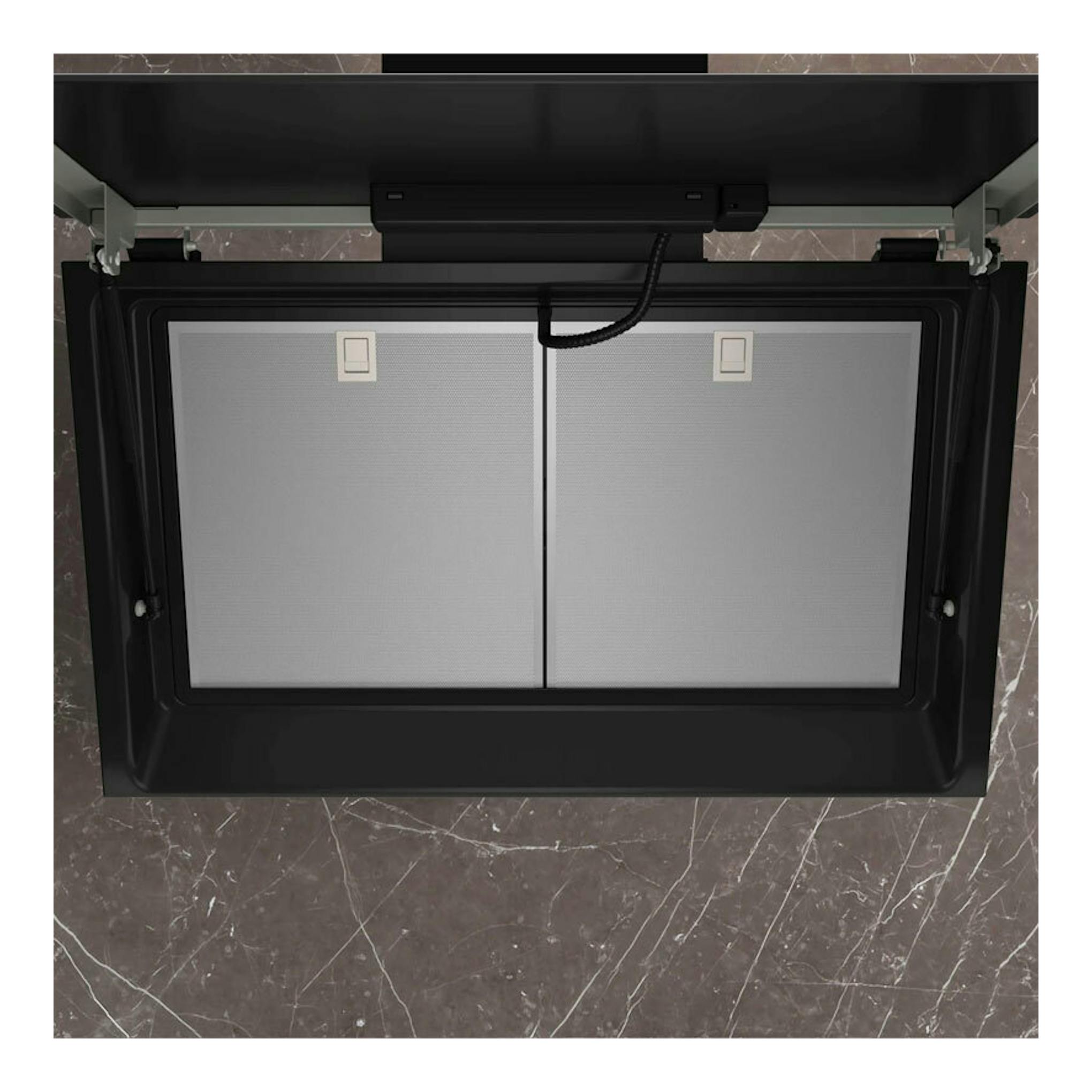 Campana decorativa Siemens LC81KAN60 negra, vista inferior con filtros metálicos y panel abatido.