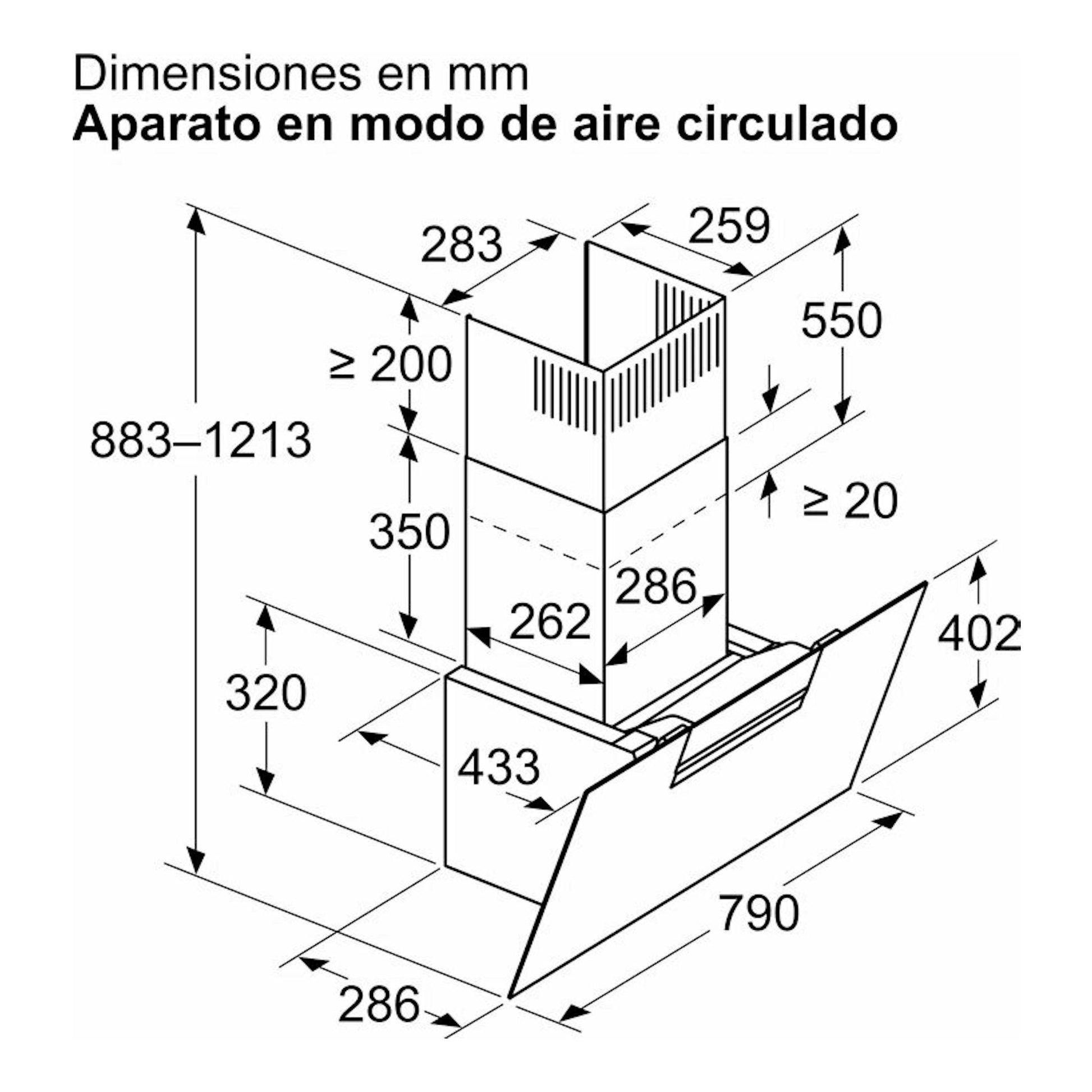 Diagrama técnico en vista isométrica de una campana decorativa Siemens LC87KFN60 negra con medidas.