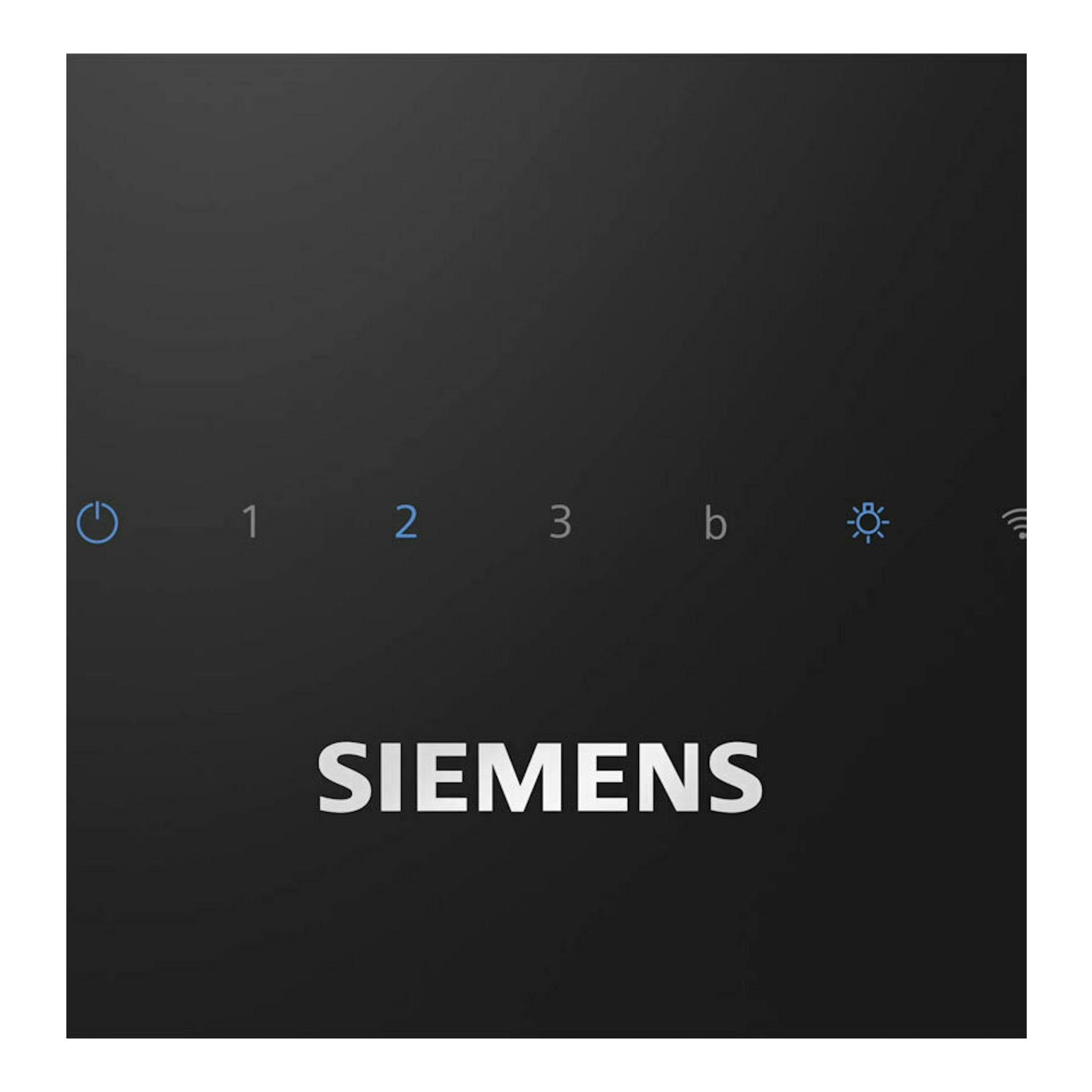 Campana decorativa Siemens LC87KFN60 negra, vista frontal del panel táctil con logo e iconos de control.