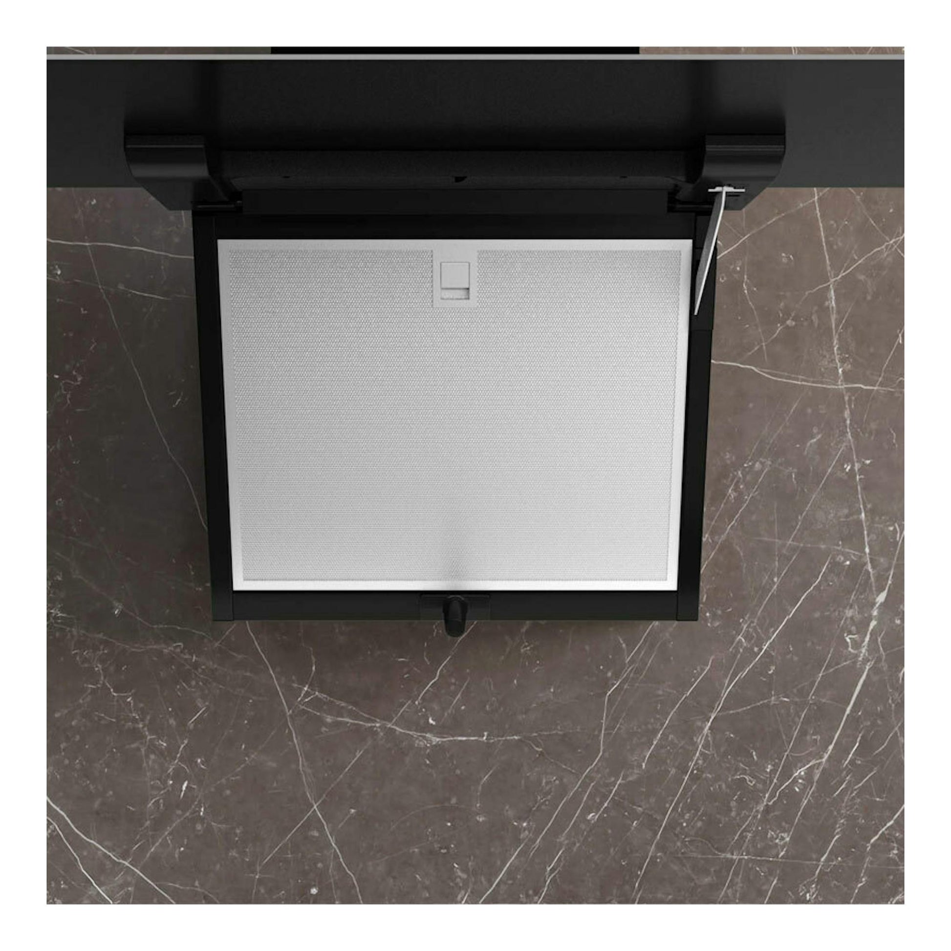 Campana decorativa Siemens LC87KFN60 negra, vista inferior con filtro metálico blanco y panel frontal.